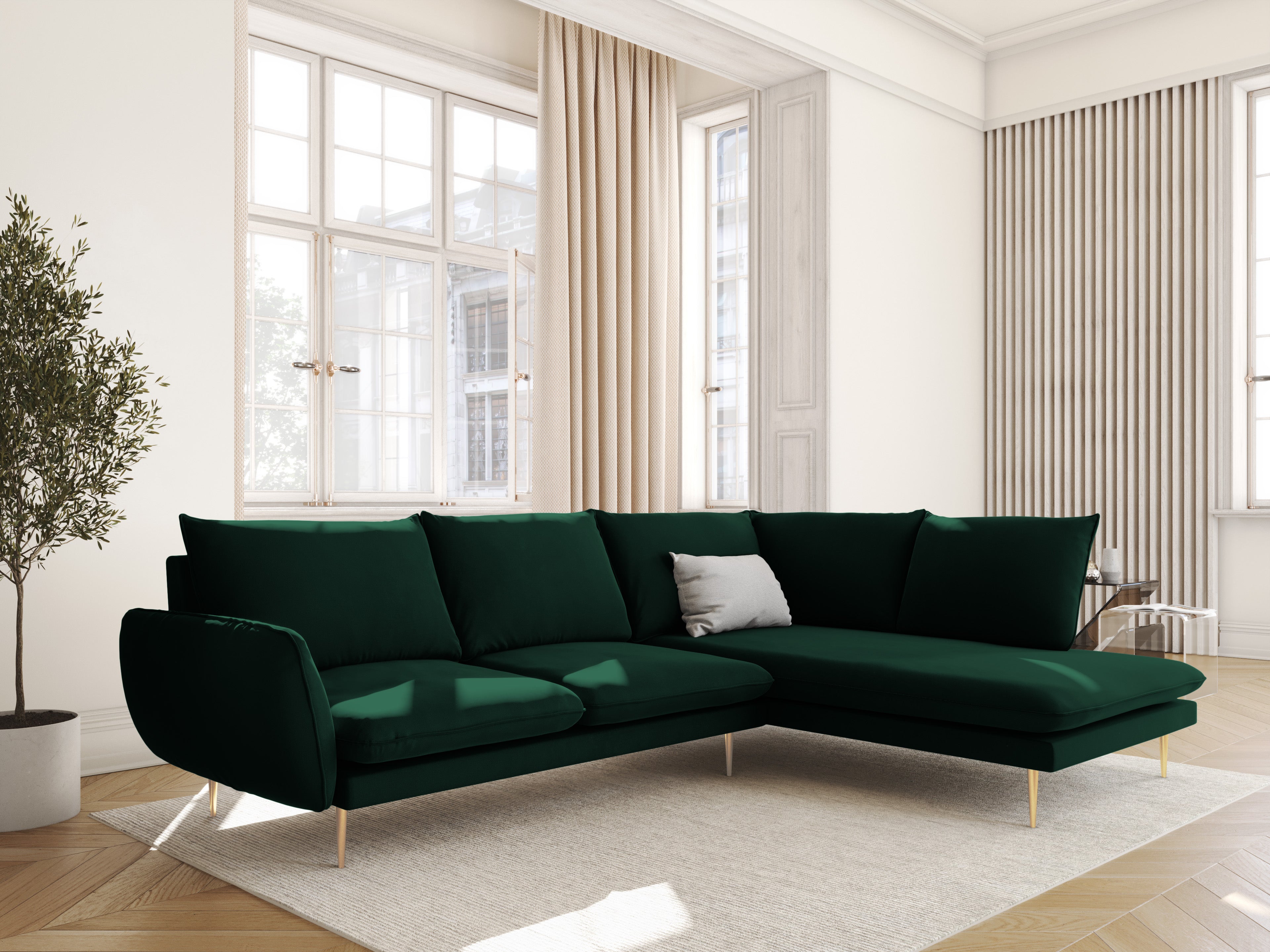 Panoramic Velvet Sofa for 6 People VIENNA in Bottle Green with Gold Base