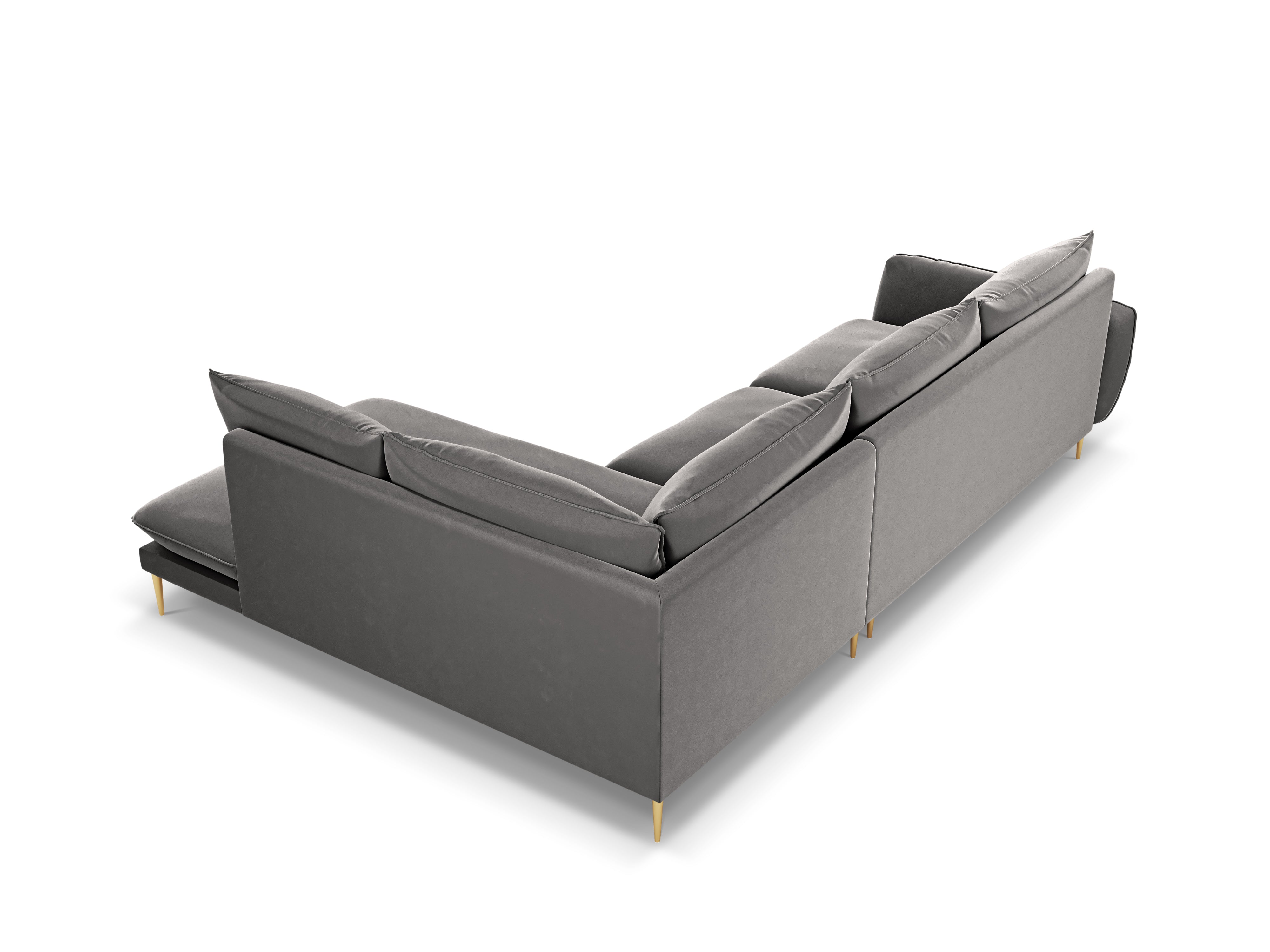 Velvet corner sofa for 6 people, right-facing VIENNA in light gray with a gold base