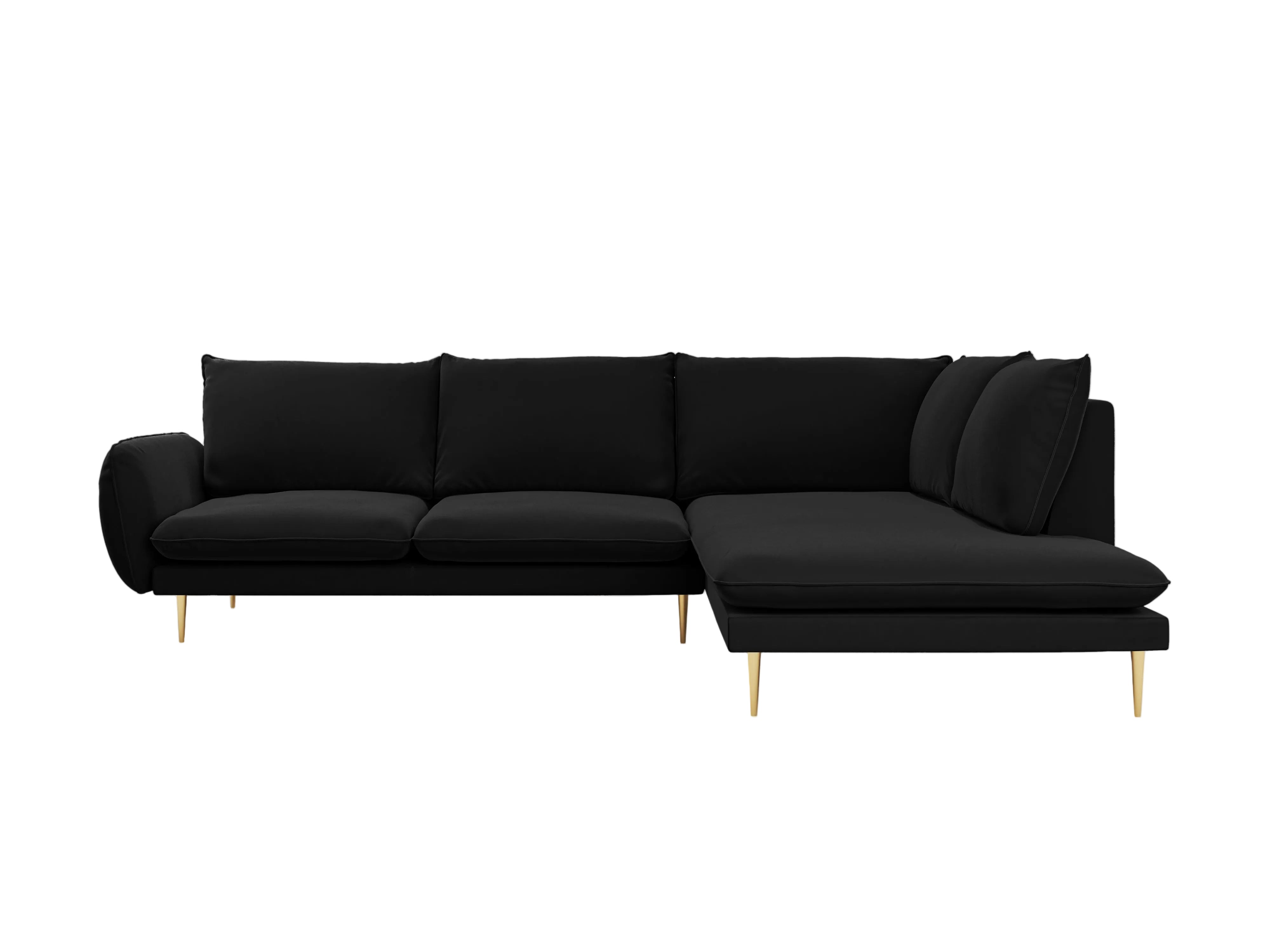 Velvet corner sofa for 6 people, right-facing, VIENNA, black with a gold base