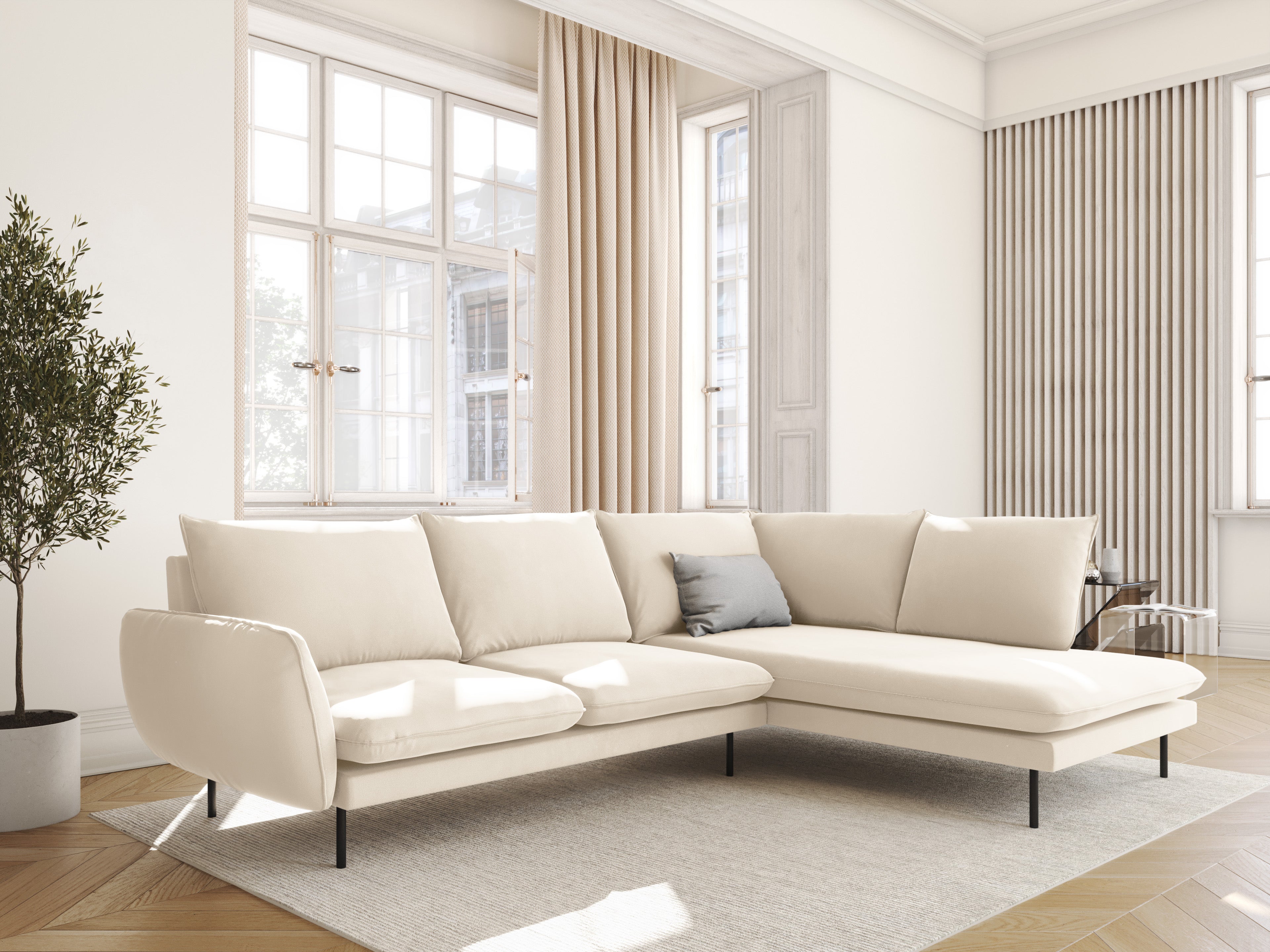 Samt-Ecksofa für 6 Personen rechts VIENNA beige mit schwarzem Fuß