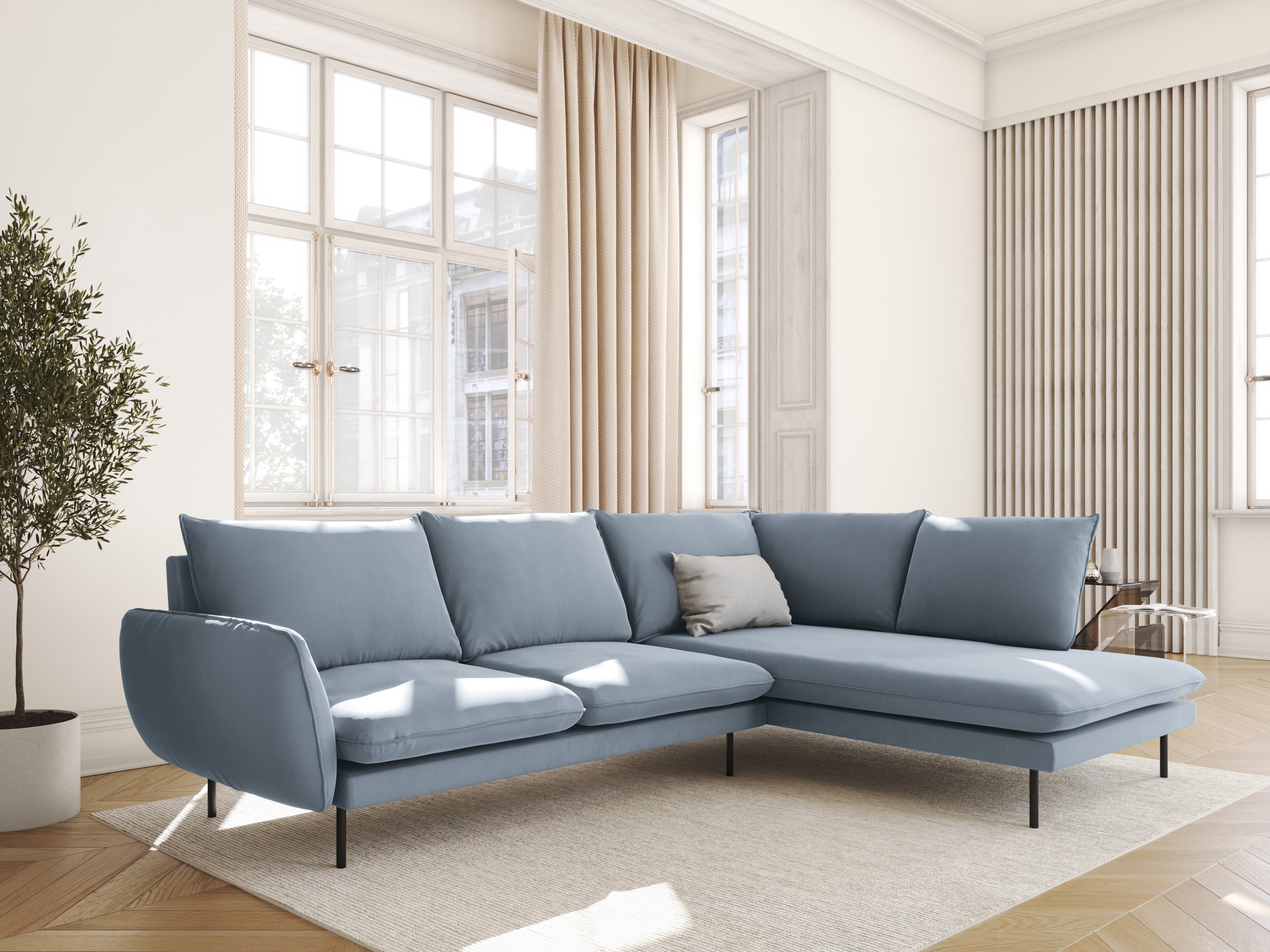 VIENNA Light Blue Velvet 6-Seater Panoramic Sofa with Black Base