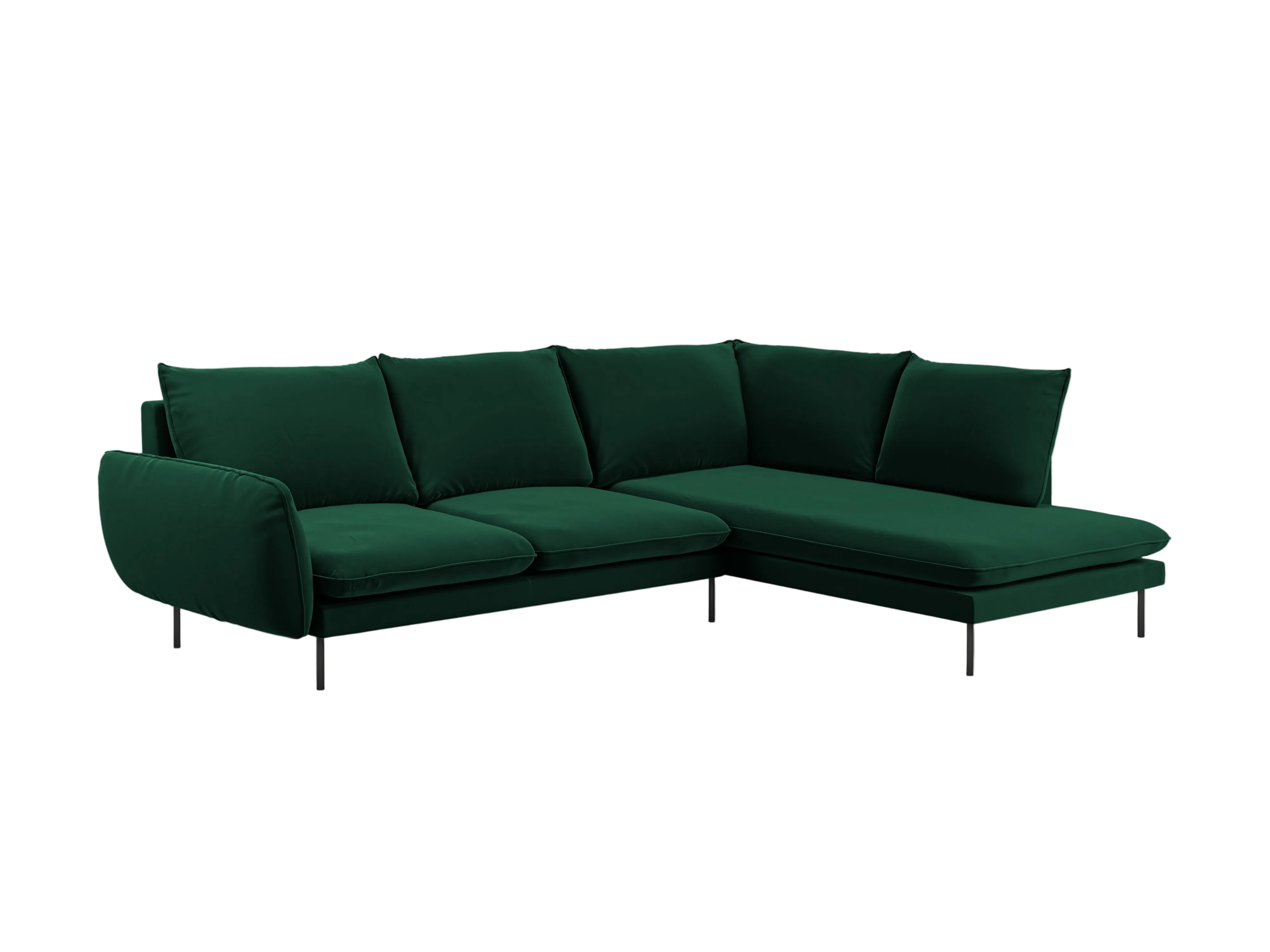 Velvet corner sofa, right-facing, 5-seater VIENNA in bottle green with a black base