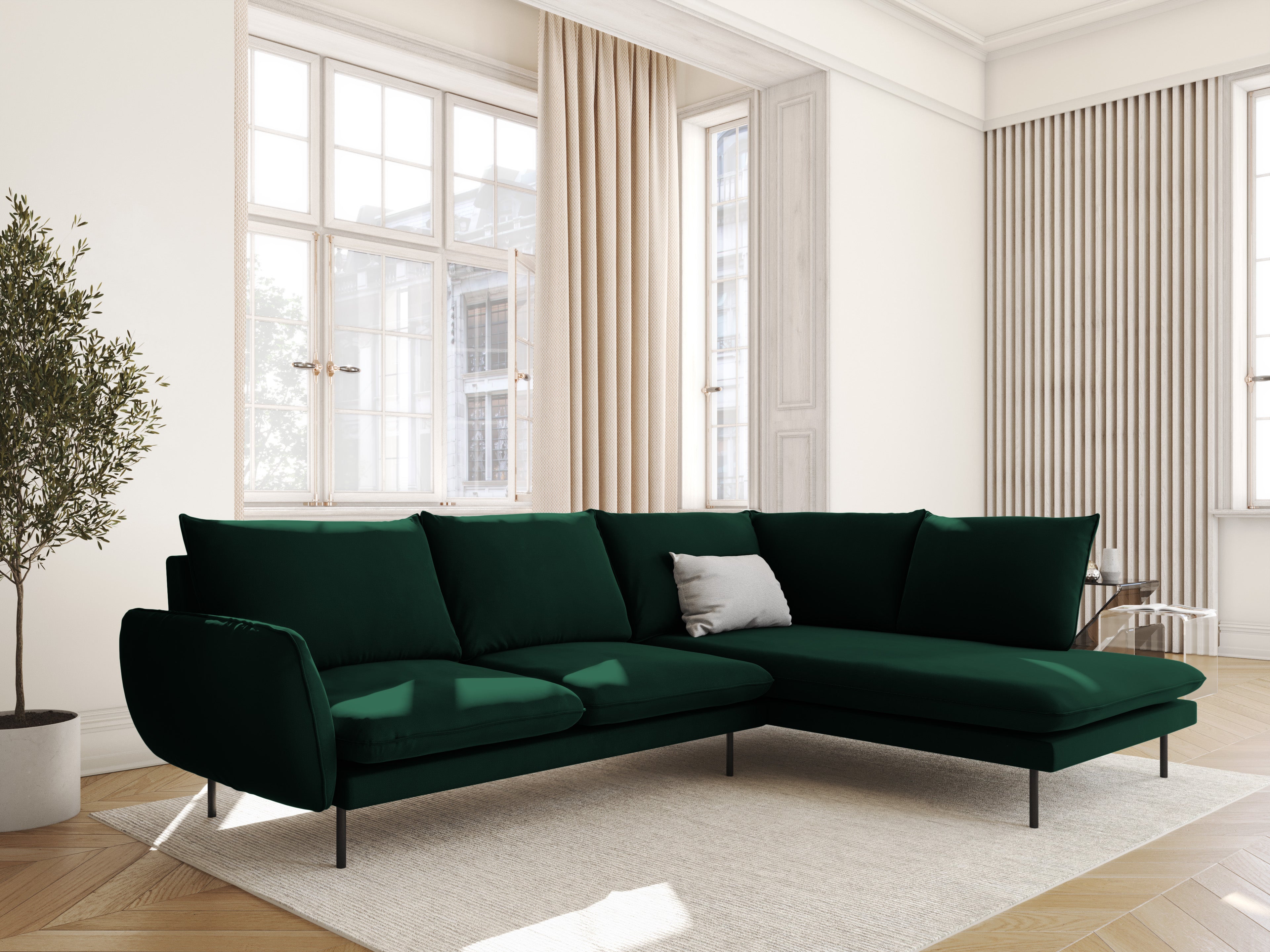 Velvet corner sofa for 6 people, right-facing, VIENNA, bottle green with black base