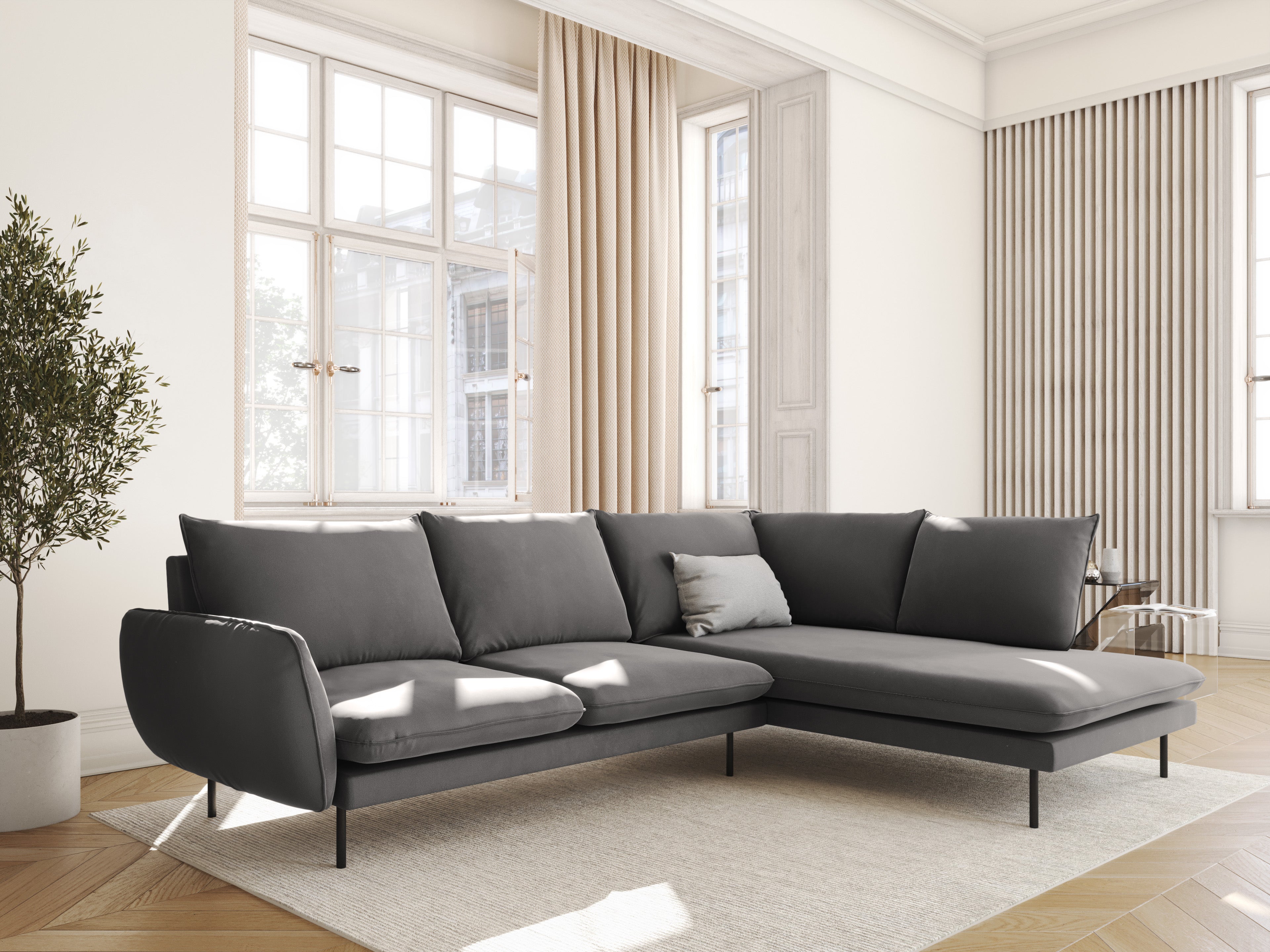 Velvet corner sofa for 6 people, right-facing VIENNA in light gray with a black base