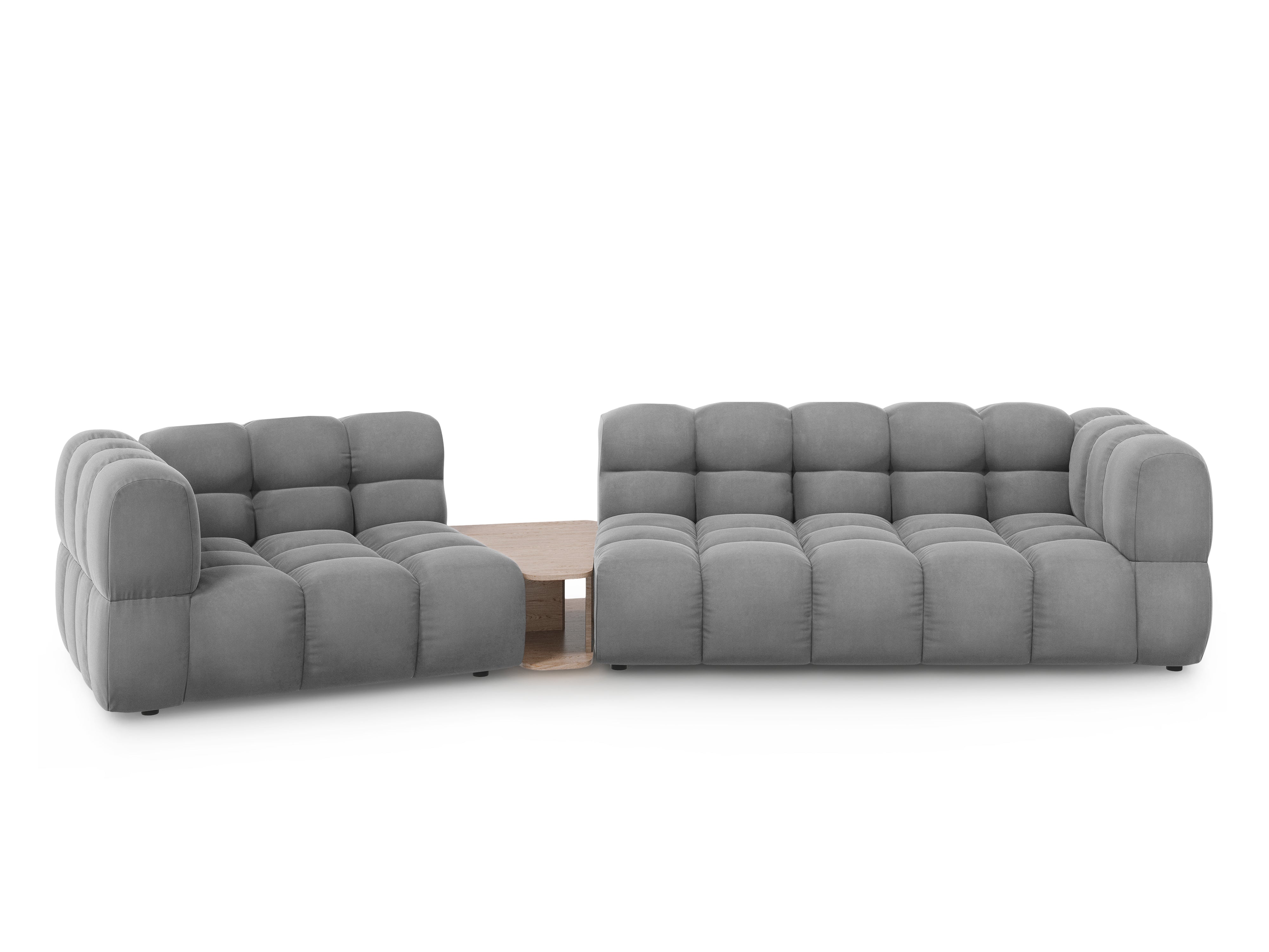 Sofa aksamitna lewostronna 3-osobowa zaokrąglona ze stolikiem SKY jasnoszary Cosmopolitan Design Eye on Design