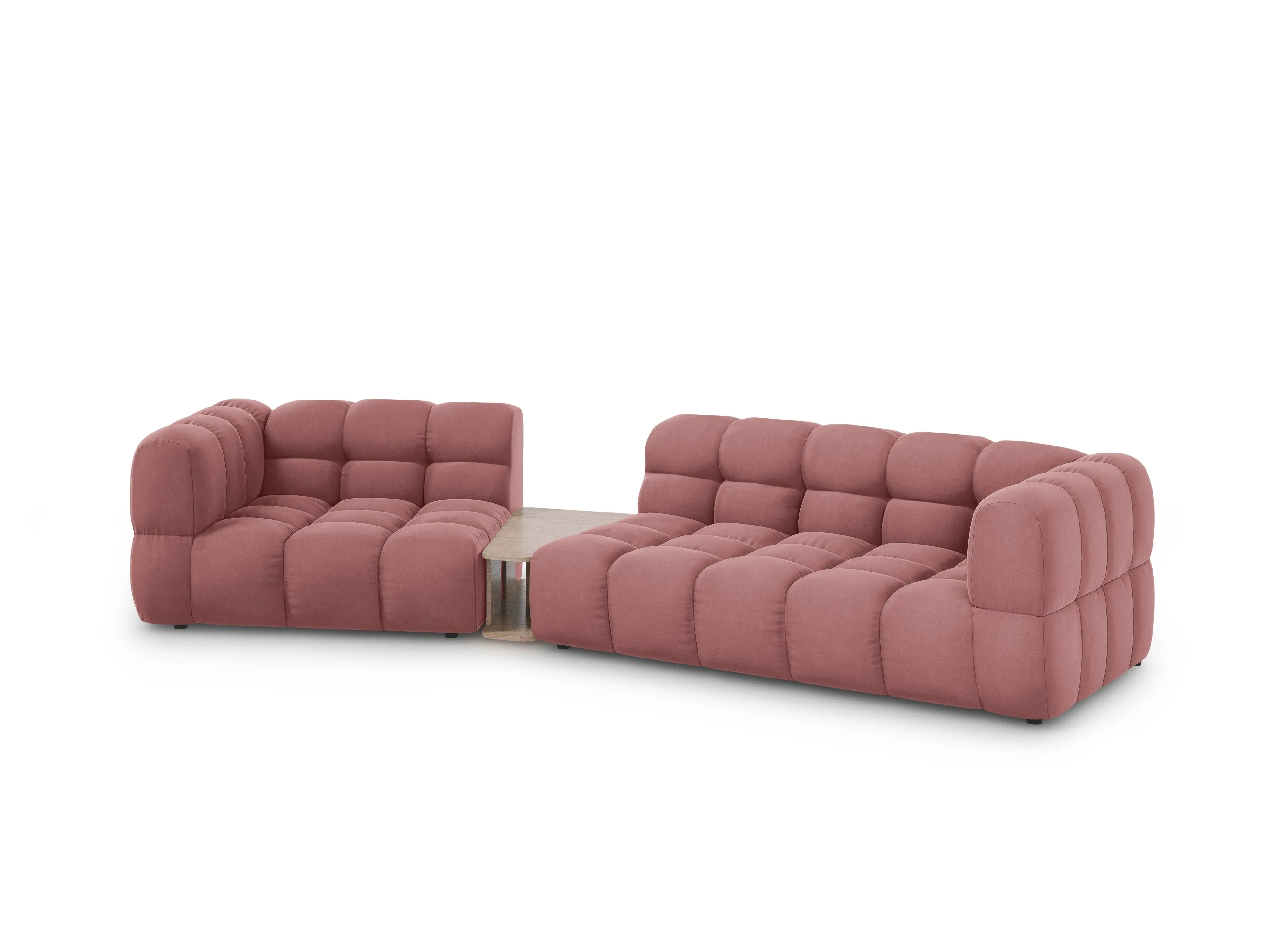Sofa aksamitna lewostronna 3-osobowa zaokrąglona ze stolikiem SKY łososiowy – Cosmopolitan Design