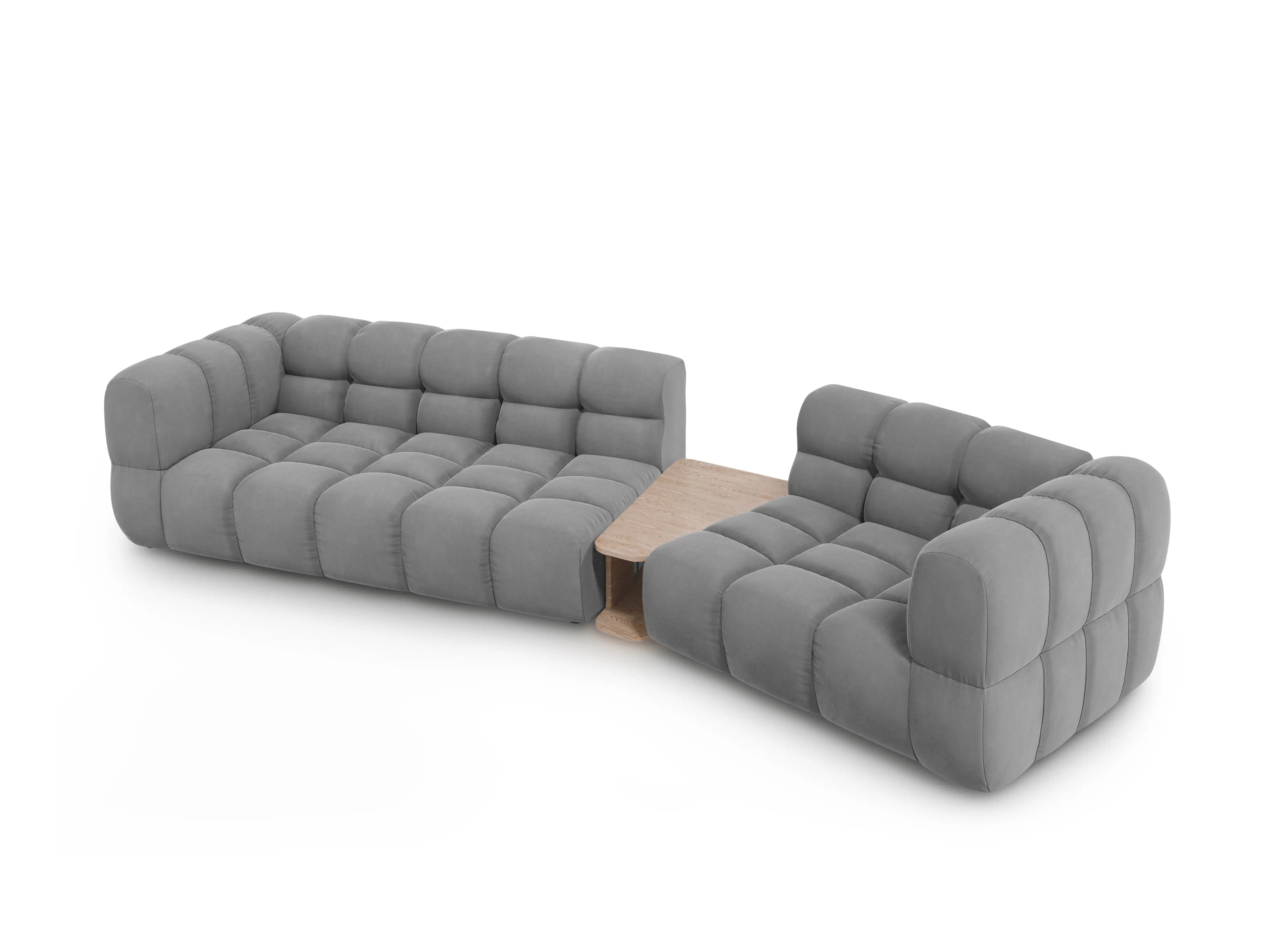 Sofa aksamitna prawostronna 3-osobowa zaokrąglona ze stolikiem SKY jasnoszary – Cosmopolitan Design