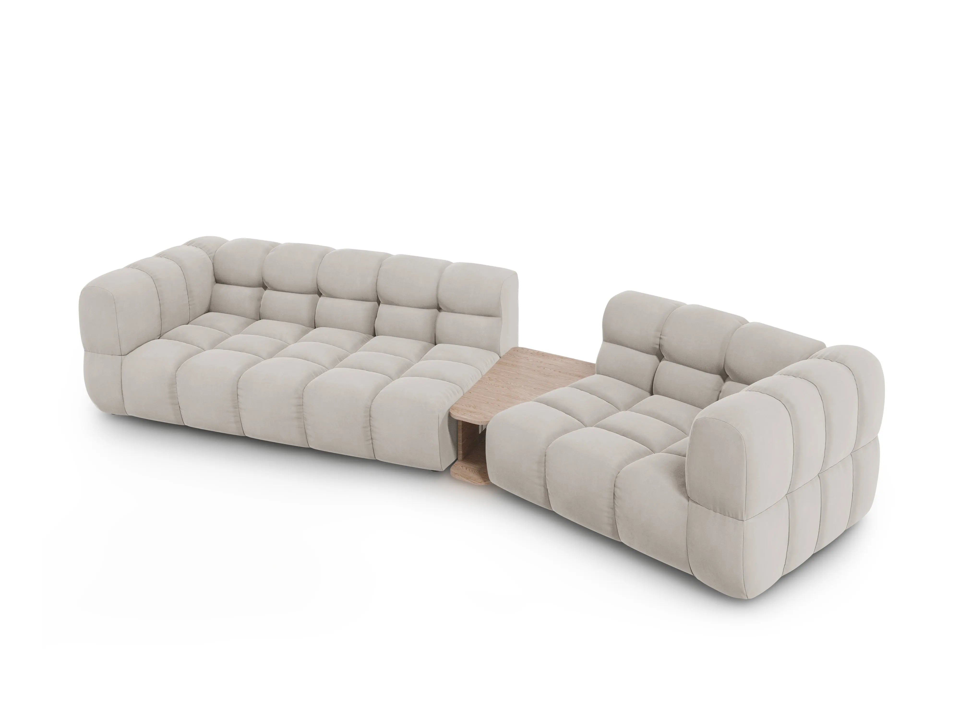 Sofa aksamitna prawostronna 3-osobowa zaokrąglona ze stolikiem SKY jasnobeżowy – Cosmopolitan Design