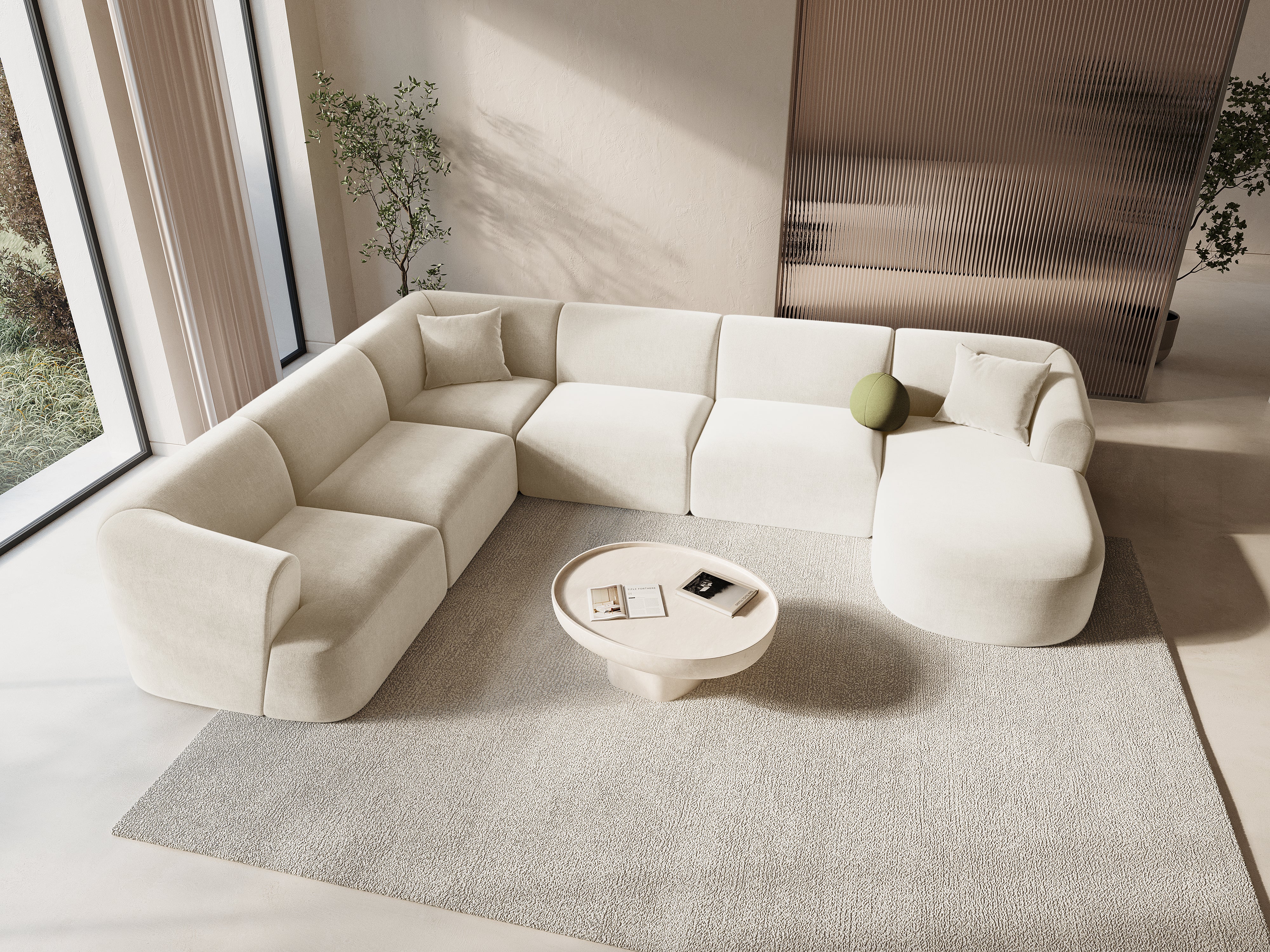Left-sided velvet panoramic 7-seater sofa CAMPI light beige