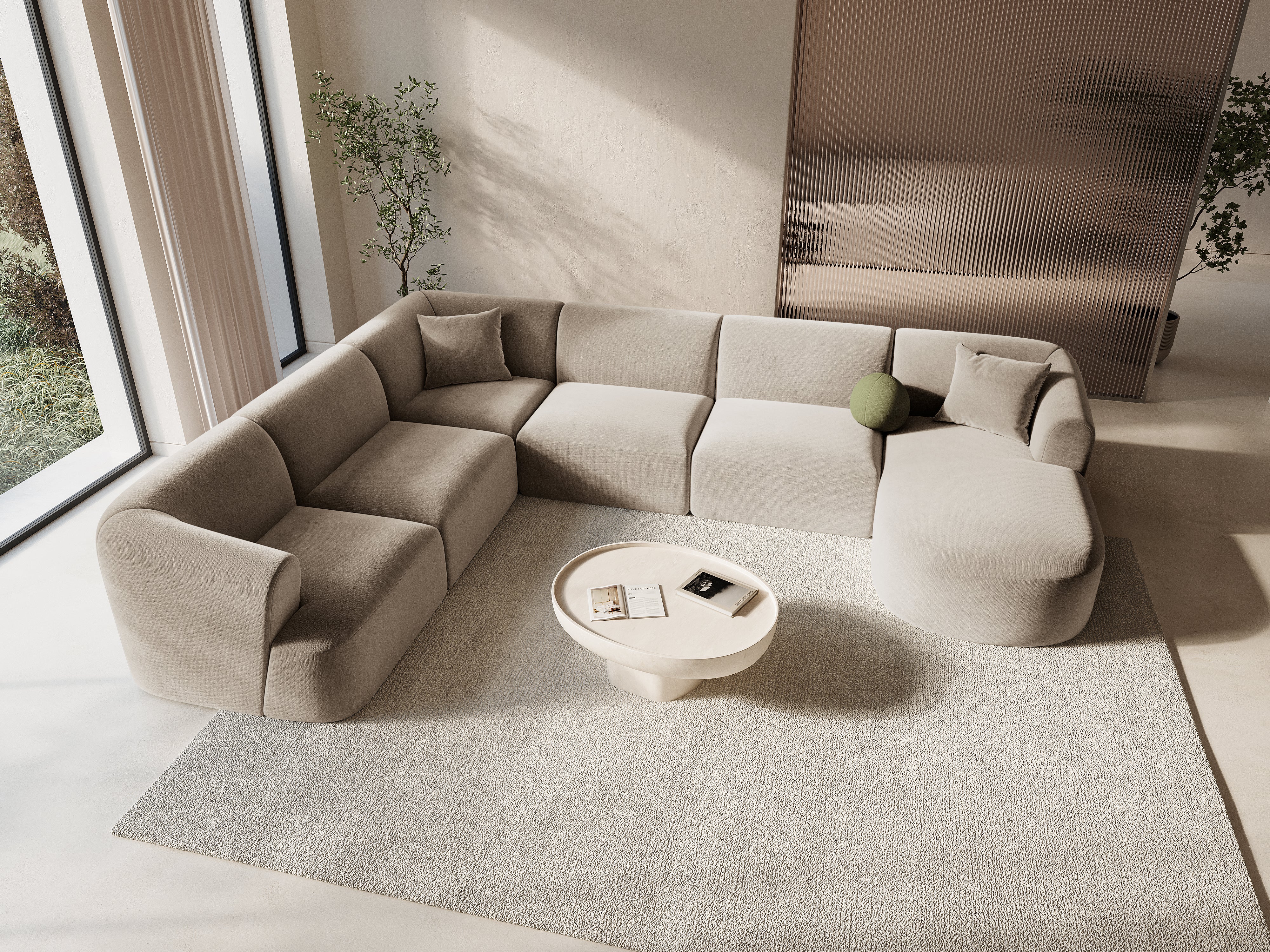 Left-sided velvet panoramic corner sofa for 7 people CAMPI dark beige