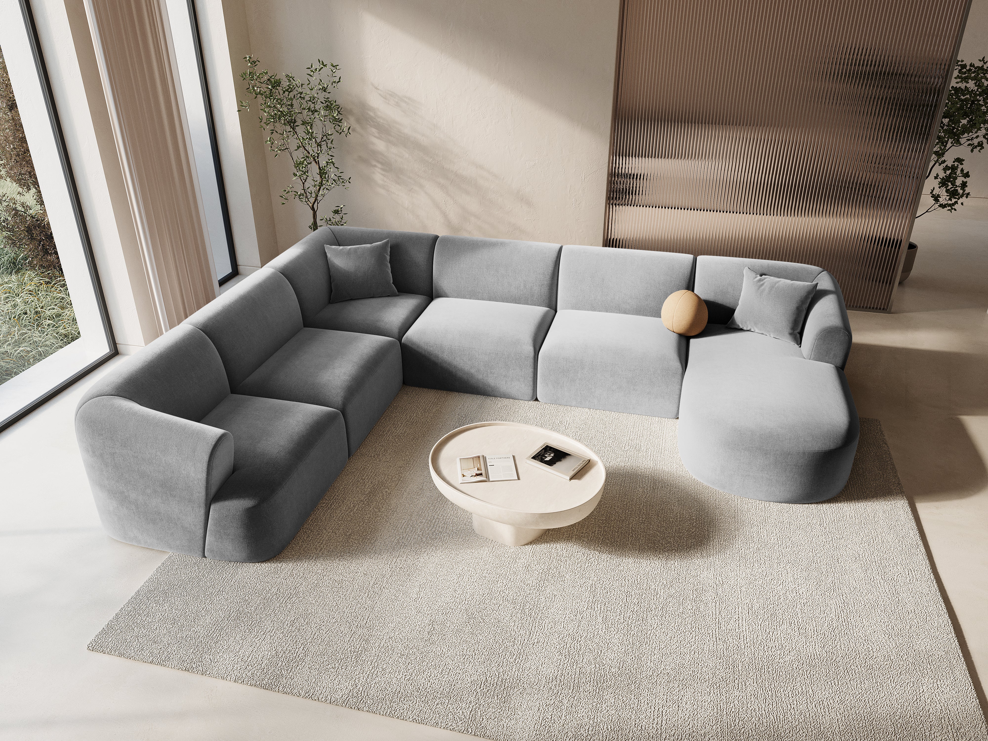 Left-sided velvet panoramic corner sofa for 7 people CAMPI gray