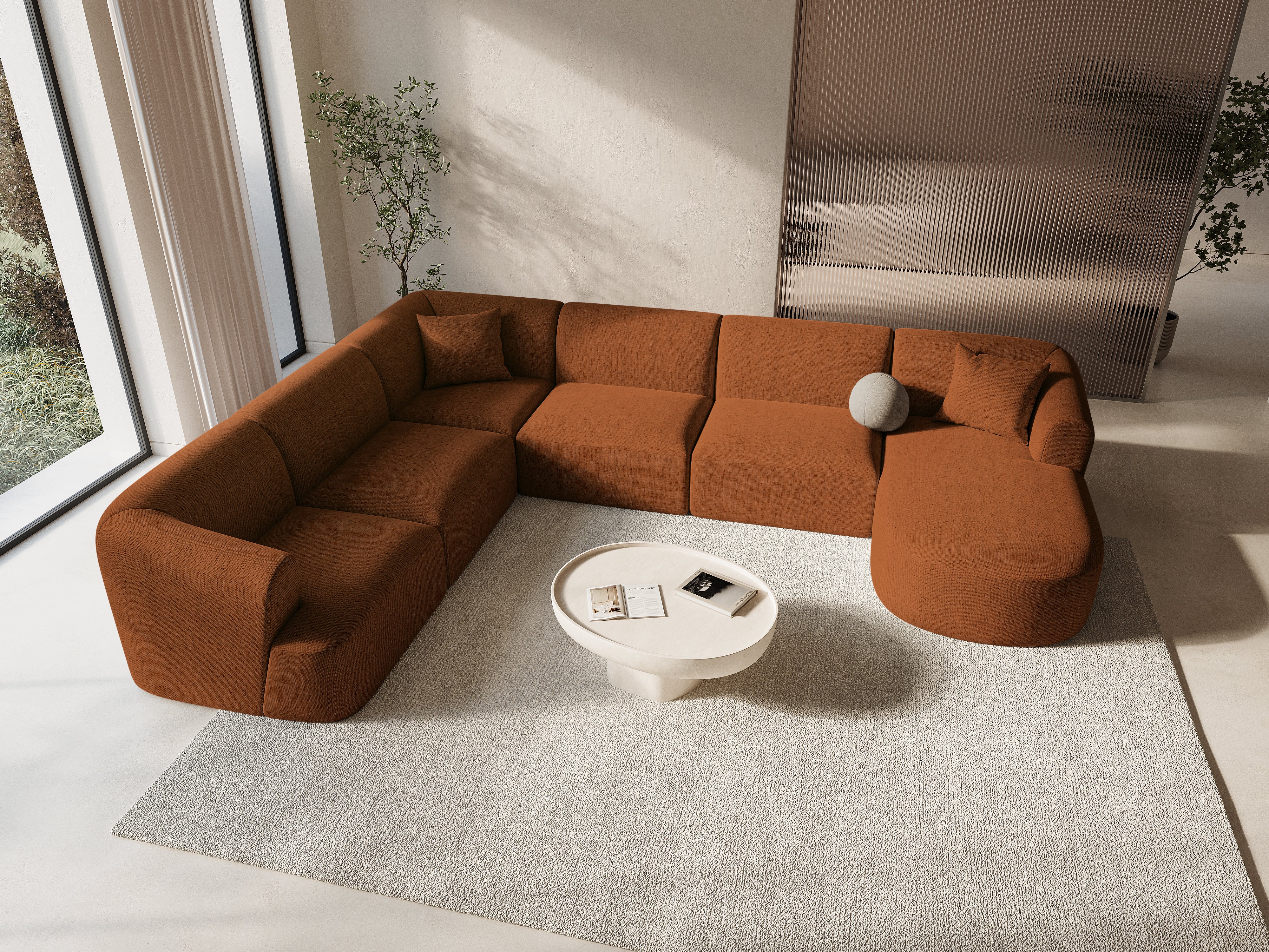 Left-sided panoramic corner sofa for 7 people CAMPI brick chenille