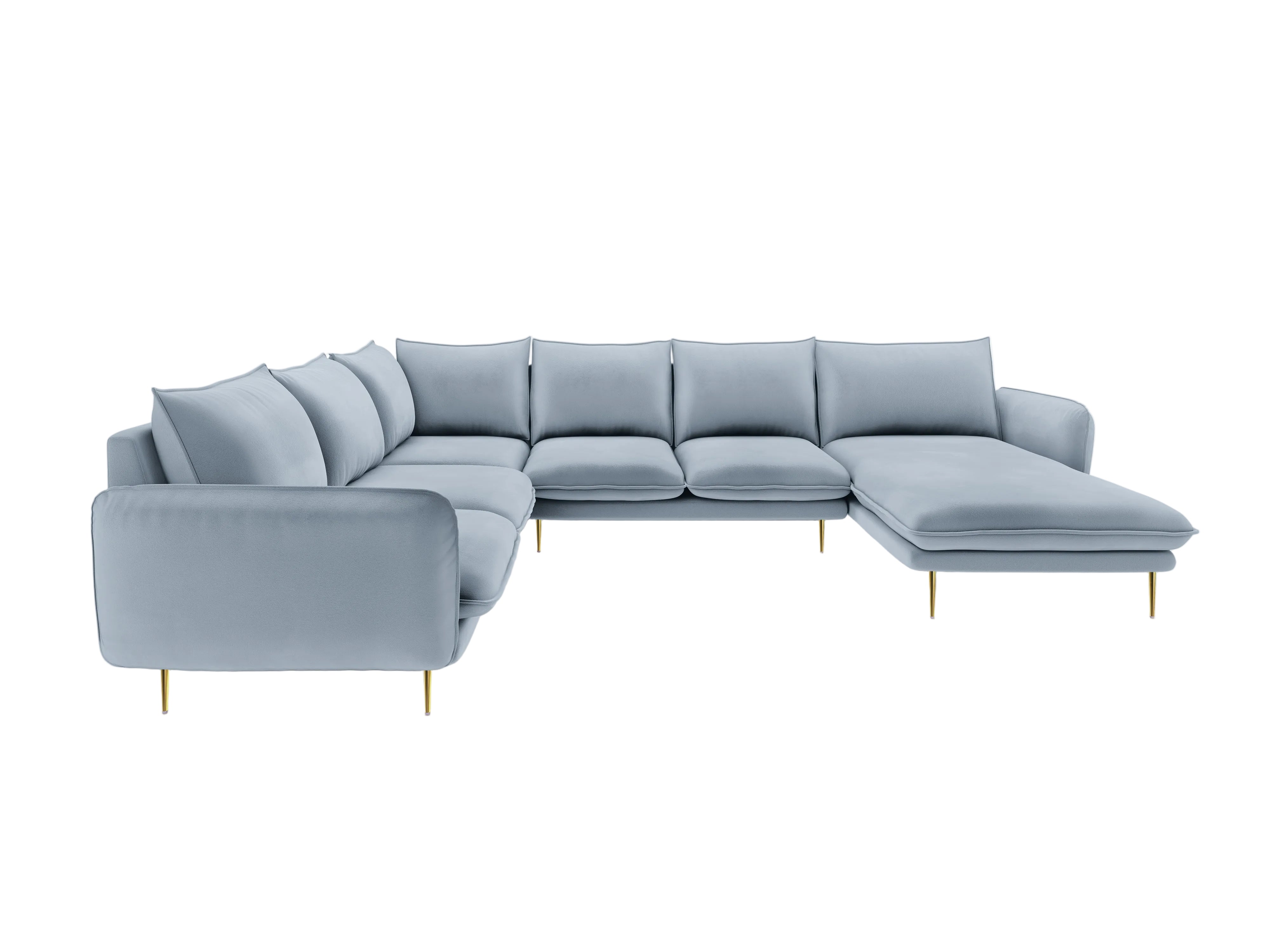 Panoramic Velvet Left-Facing Sofa for 7 People VIENNA Light Blue with Gold Base