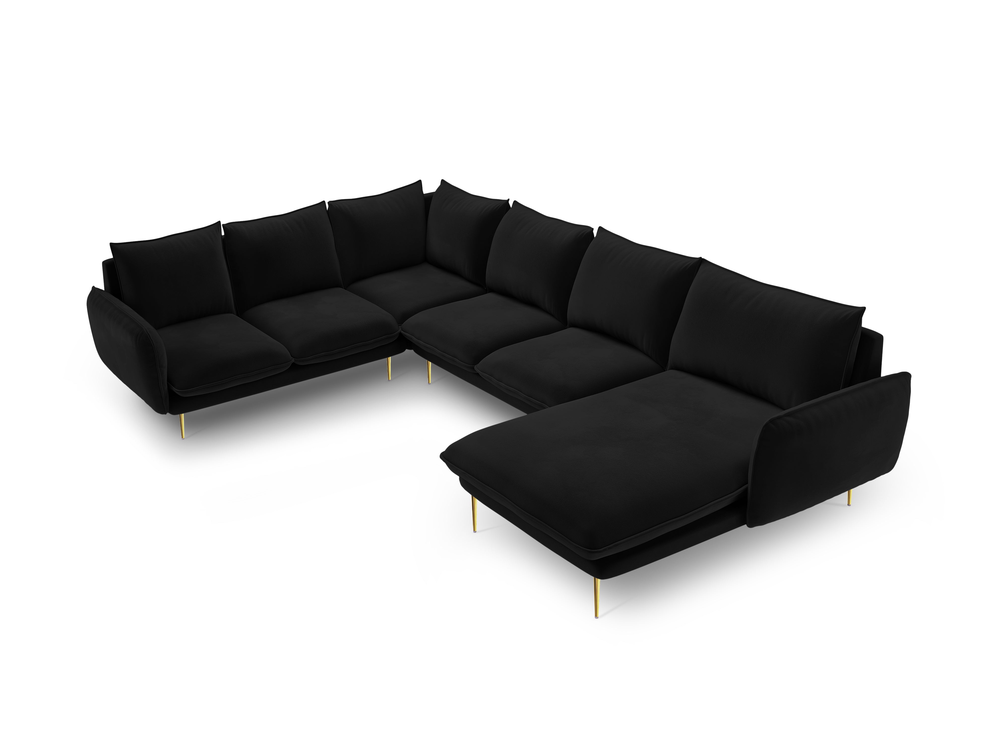 Panoramic Velvet Left-Facing Sofa for 7 People VIENNA in Black with Gold Base