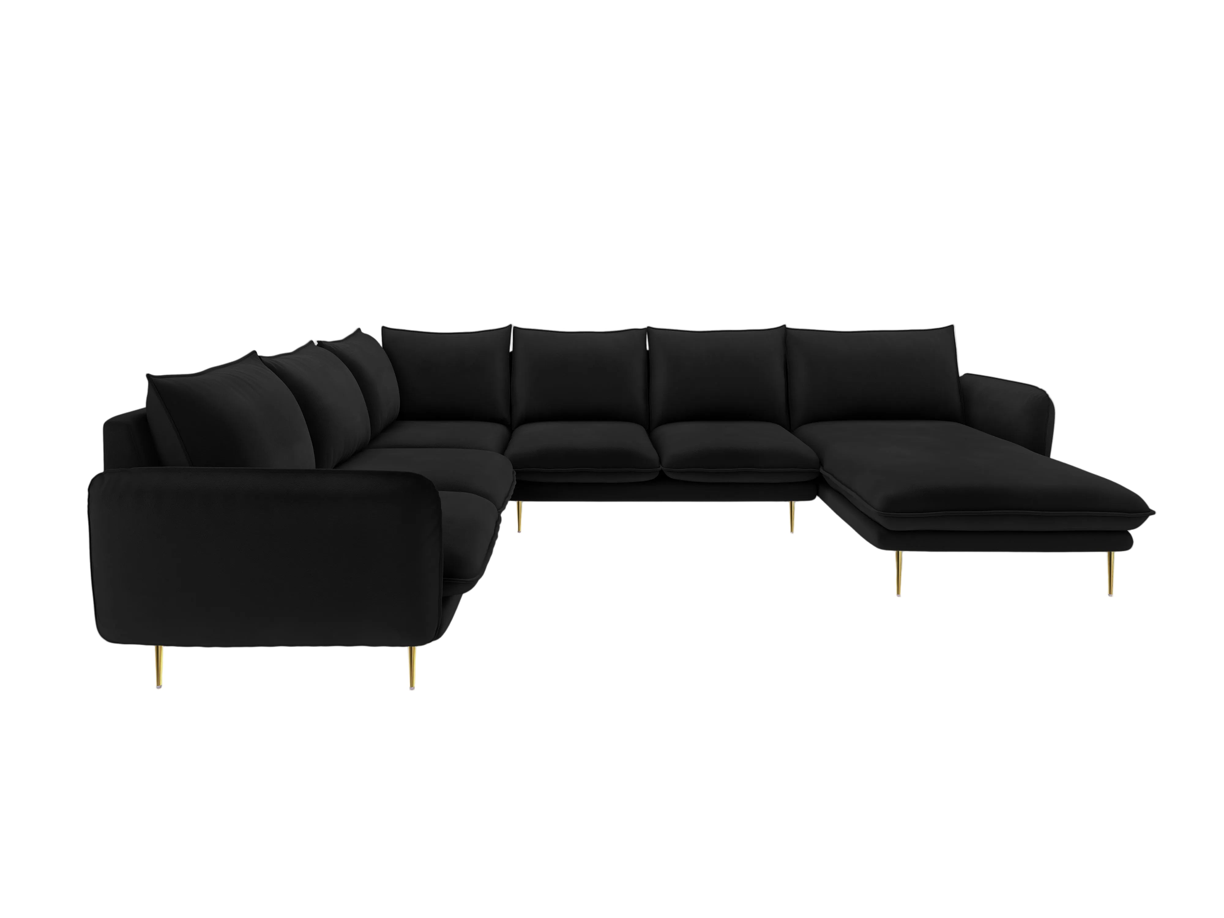 Panoramic Velvet Left-Facing Sofa for 7 People VIENNA in Black with Gold Base