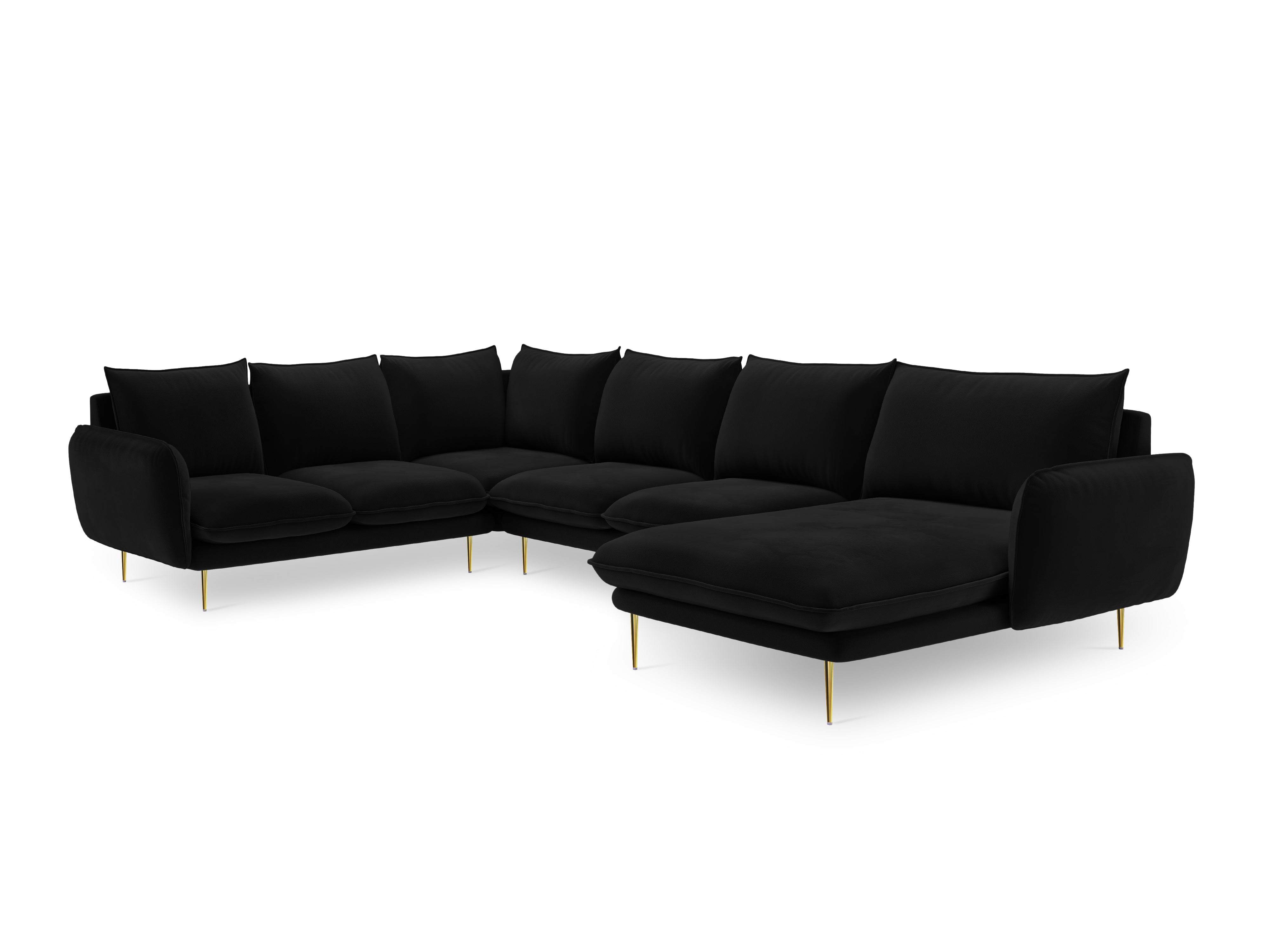 Panoramic Velvet Left-Facing Sofa for 7 People VIENNA in Black with Gold Base