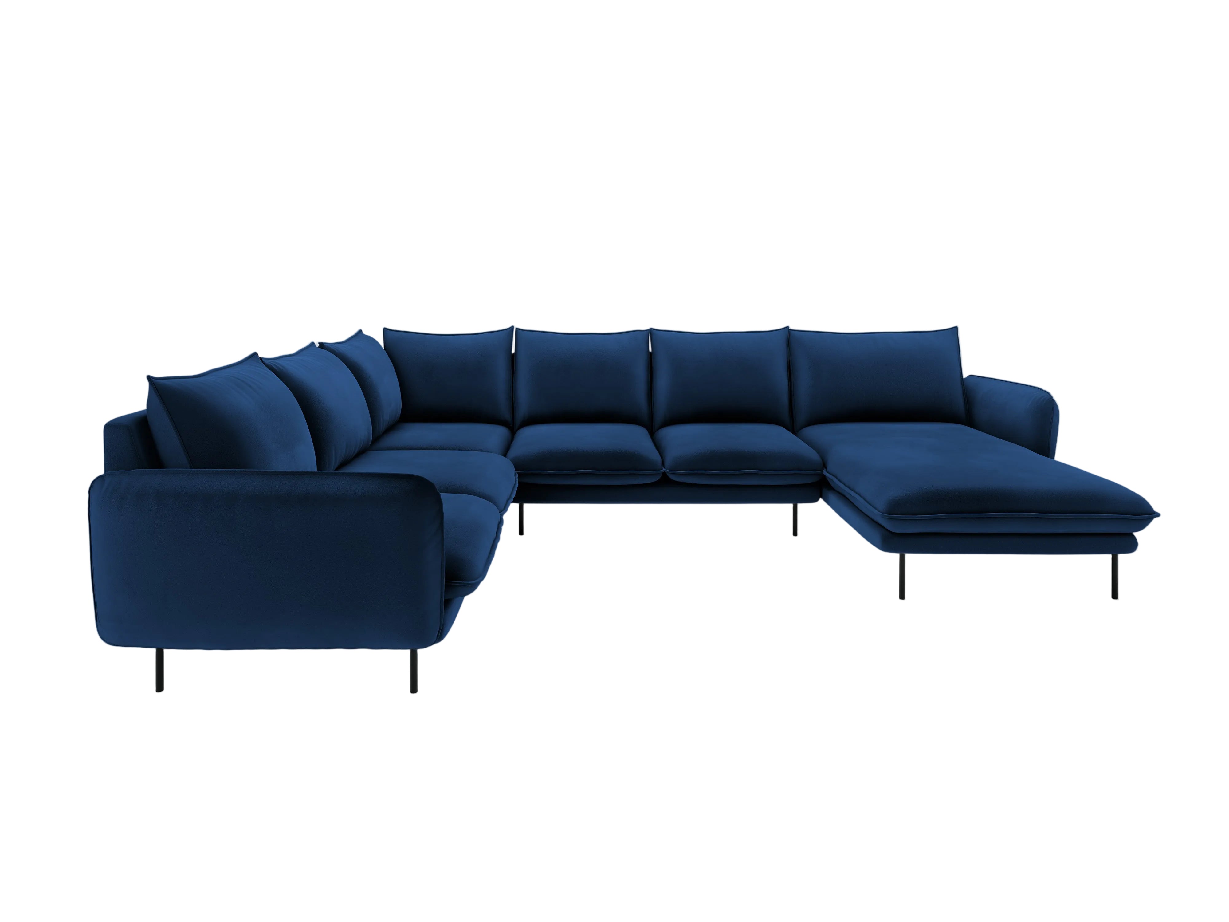 Left-facing velvet panoramic corner sofa for 7 people VIENNA in royal blue with a black base
