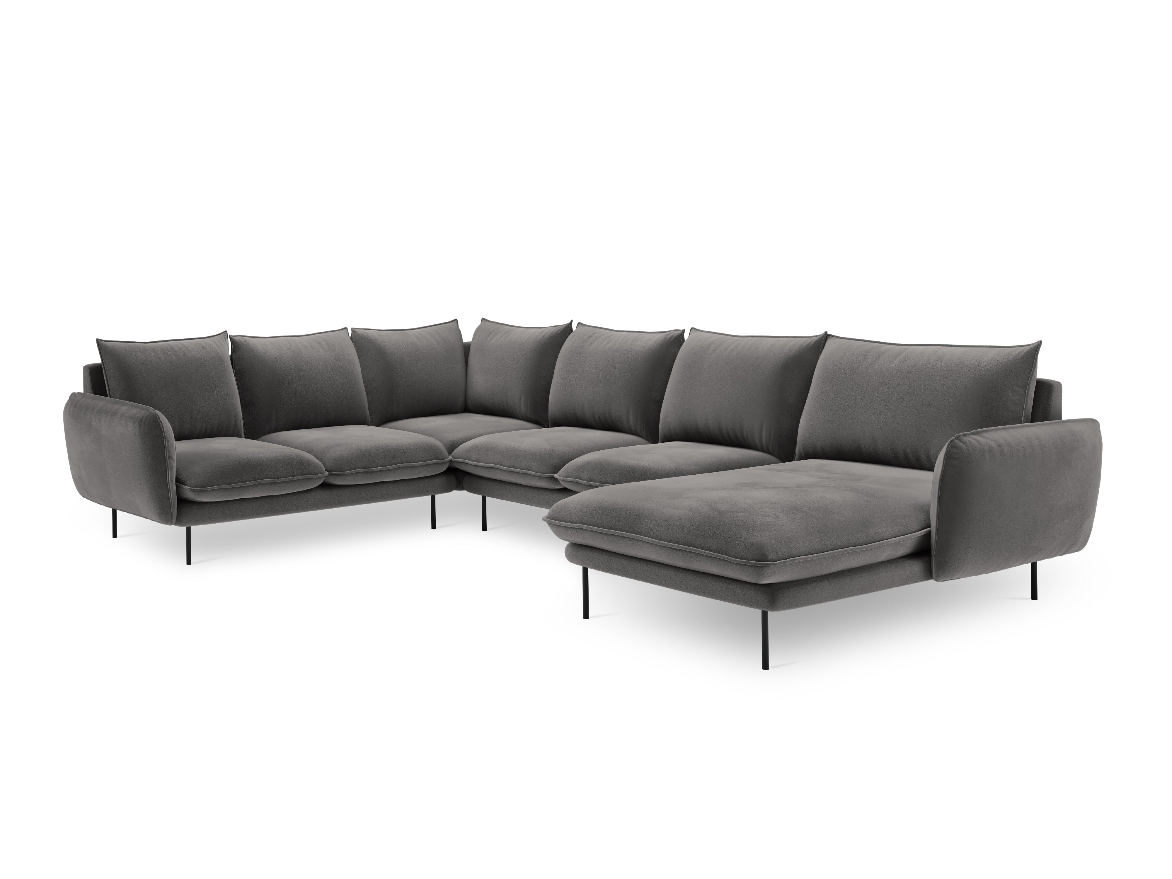 Left-facing velvet panoramic corner sofa for 7 people VIENNA in light gray with a black base