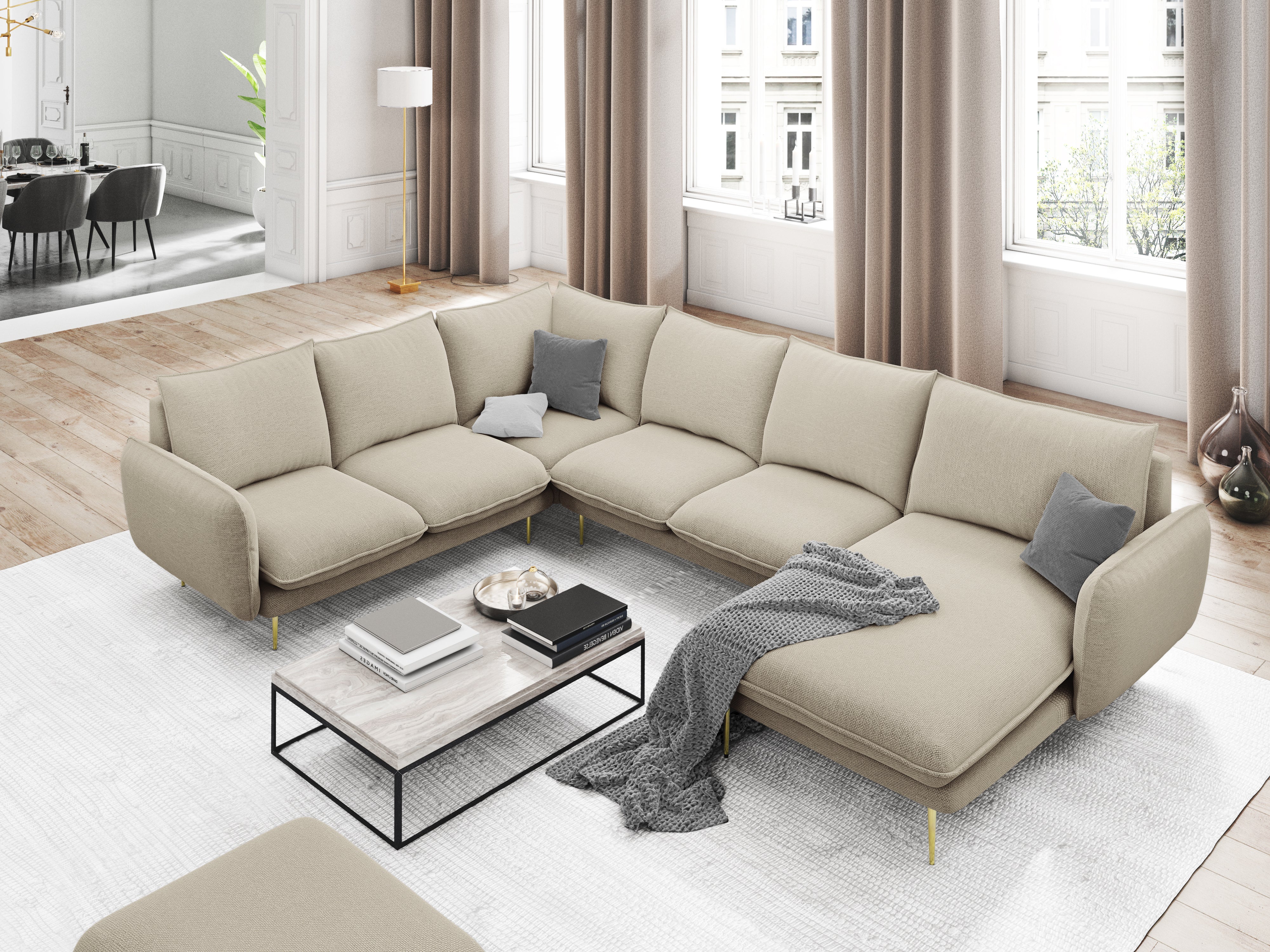 Panoramischer Samt-Ecksofa rechts 7-sitzig VIENNA hellbeige mit schwarzem Fuß