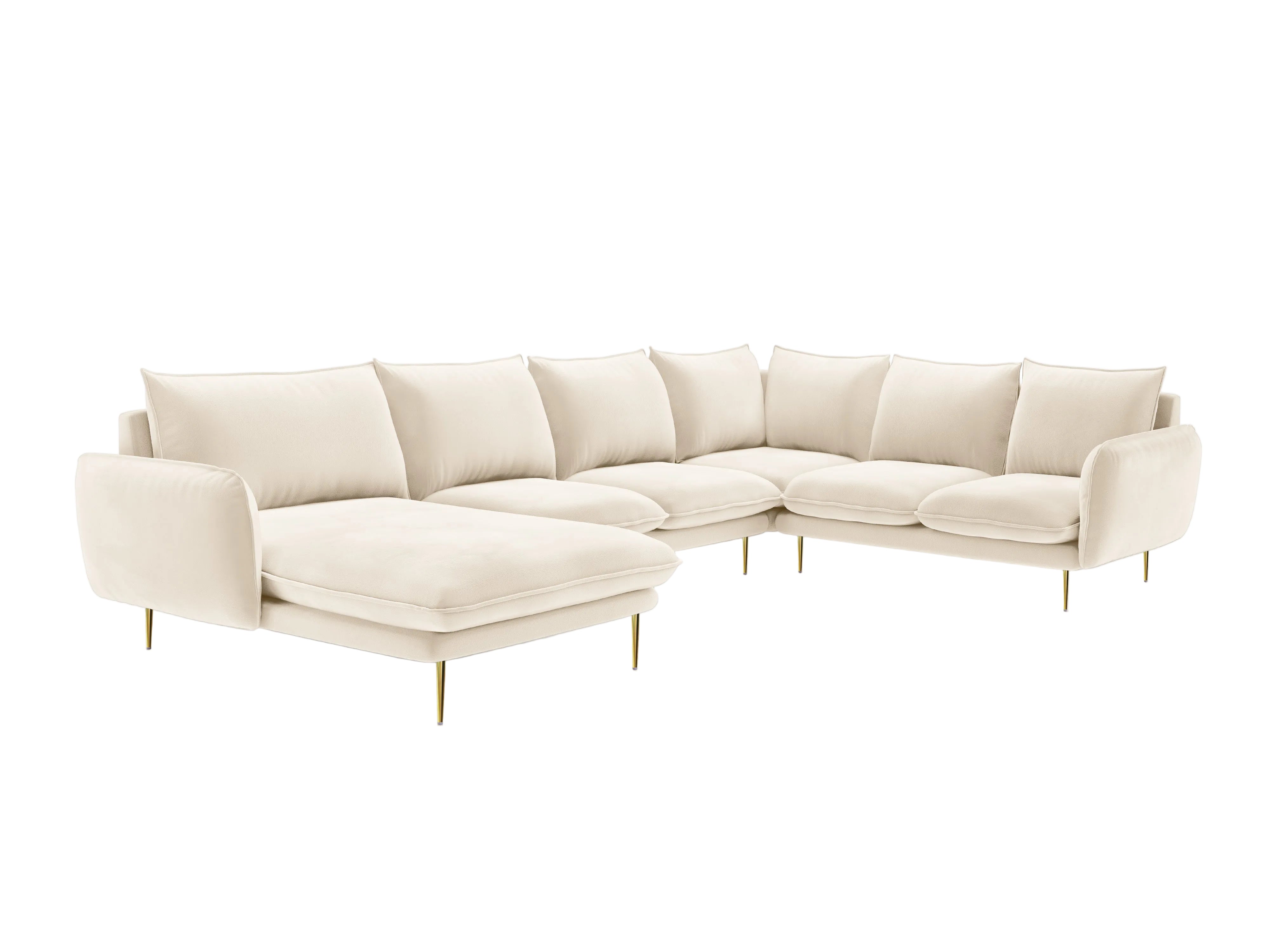 Panoramischer Samt-Ecksofa rechtsseitig für 7 Personen VIENNA hellbeige mit goldener Basis