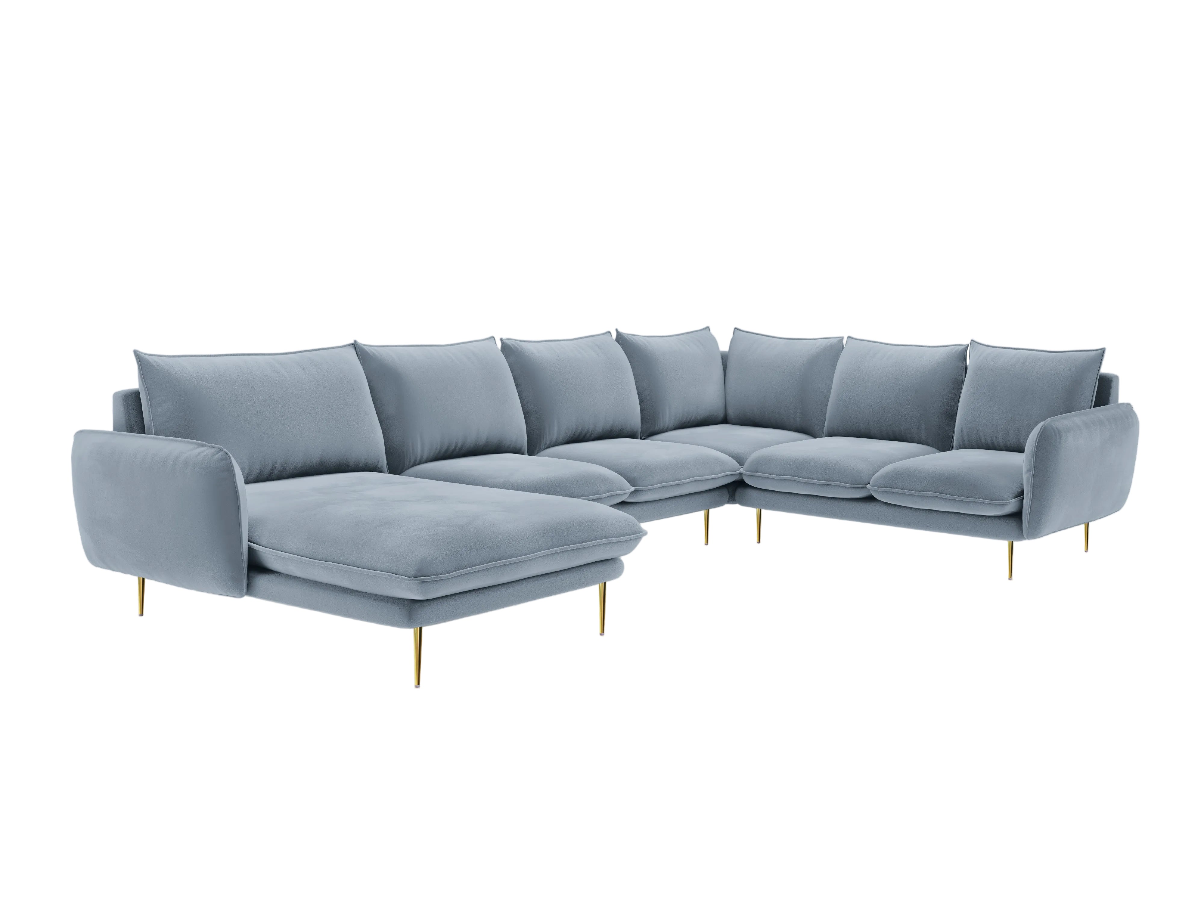 Panoramic Velvet Corner Sofa Right-Handed 7-Seater VIENNA Light Blue with Gold Base