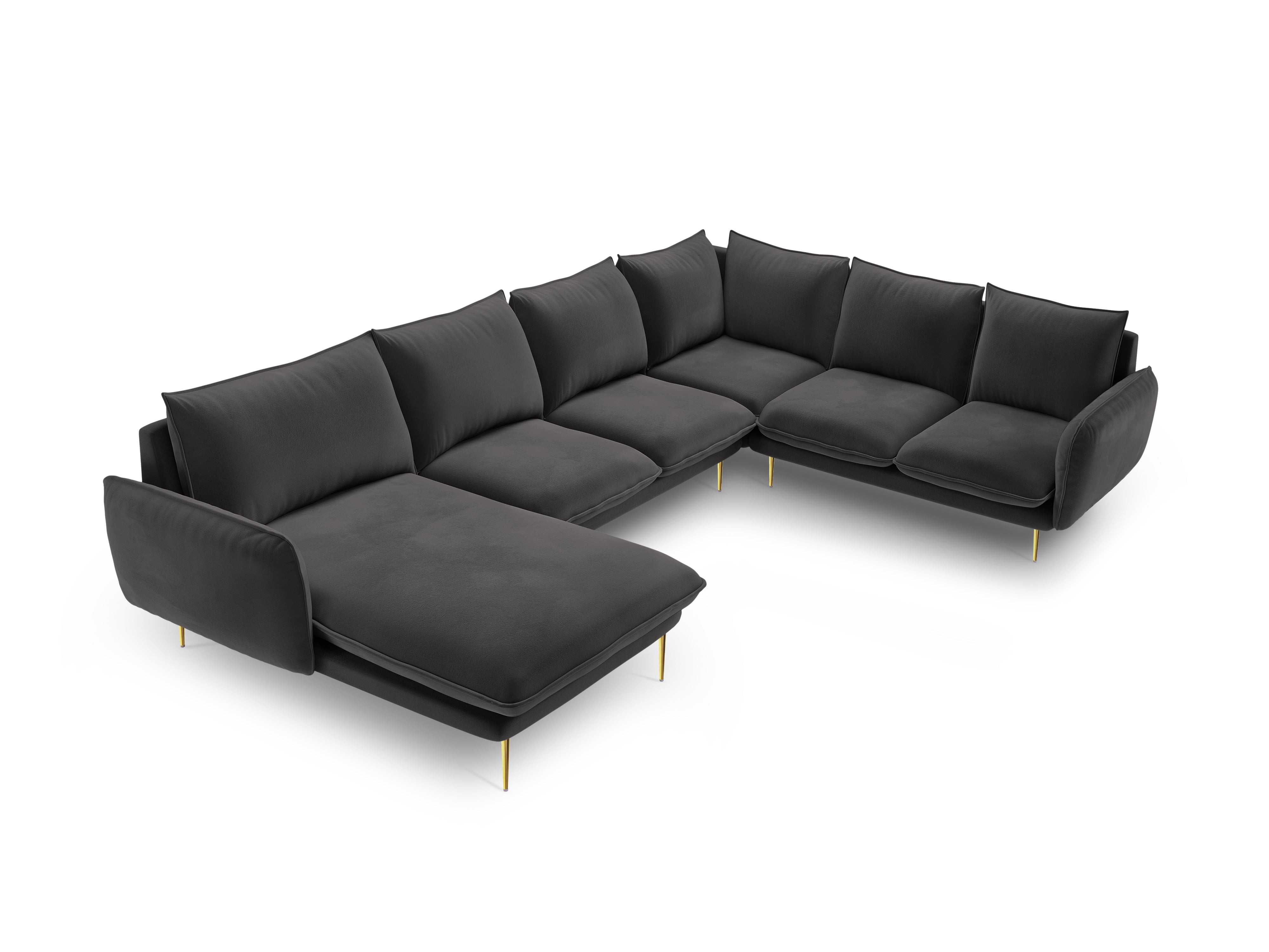 Panoramic Velvet Corner Sofa for 7 People, Right Side, VIENNA, Dark Gray with Gold Base