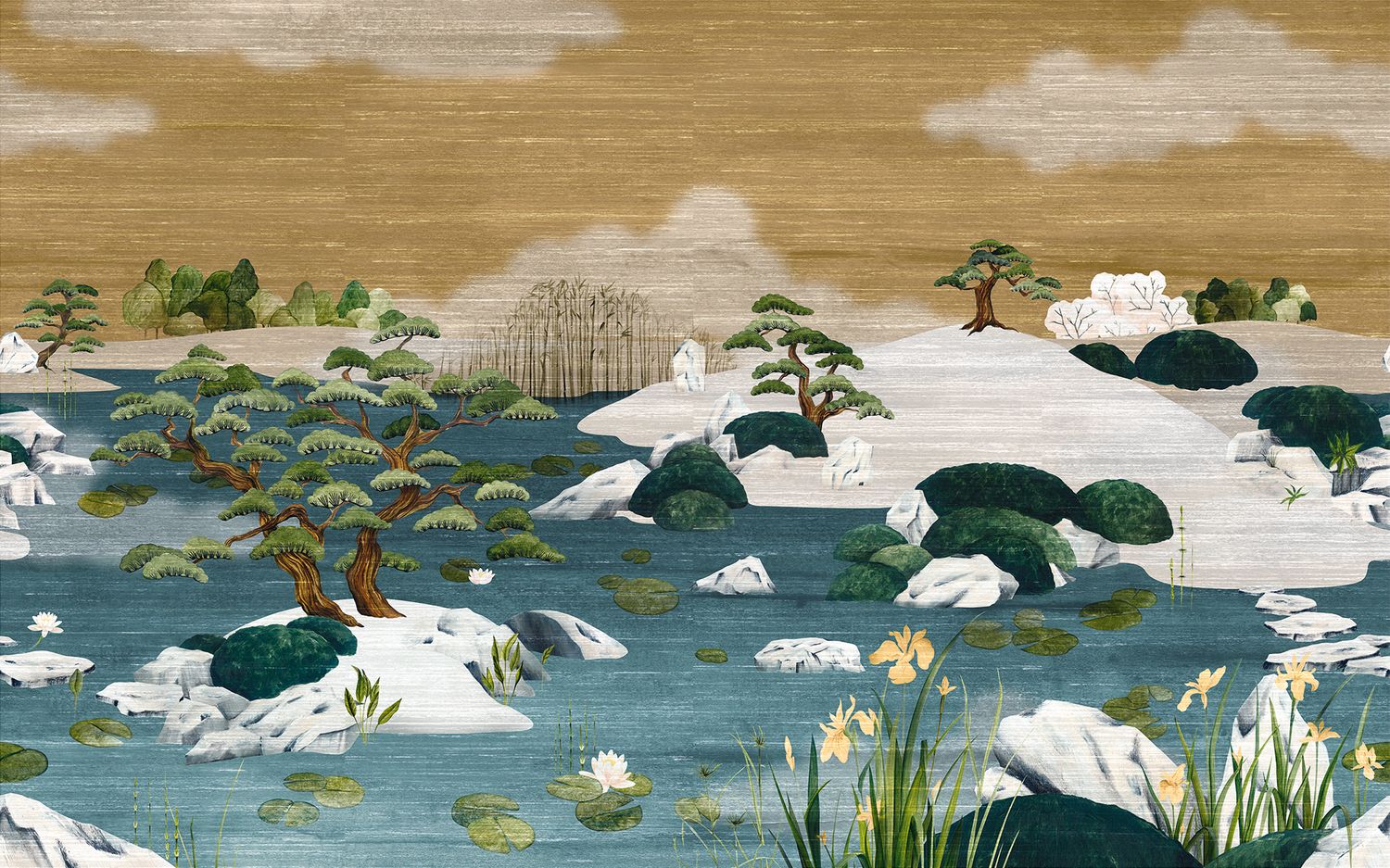 Textile mural with Japanese landscape ADACHI - MORDORÉ MARINE blue with bronze