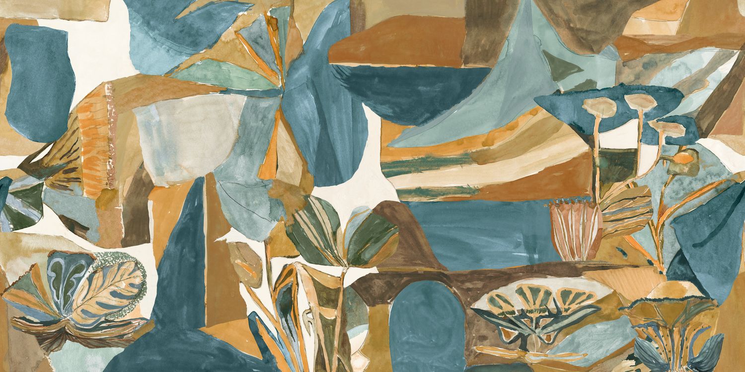 Abstract textile mural with a plant motif JARDIN DANSÉ - BLEU PERSAN AMBRE blue with gold