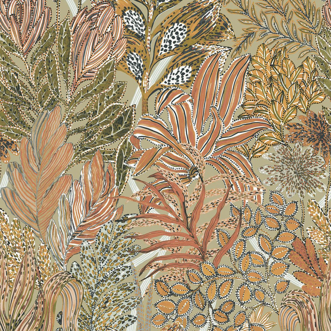 Vlies-Tapete mit Pflanzenmotiv BORROMMEE - LICHEN/TERRE DE SIENNE olivgrün mit Bronze