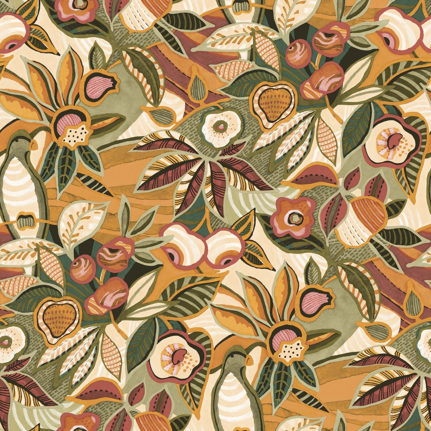 Structural wallpaper with a plant motif of leaves and flowers TEHUANA - KHAKI/OCHRE khaki with yellow
