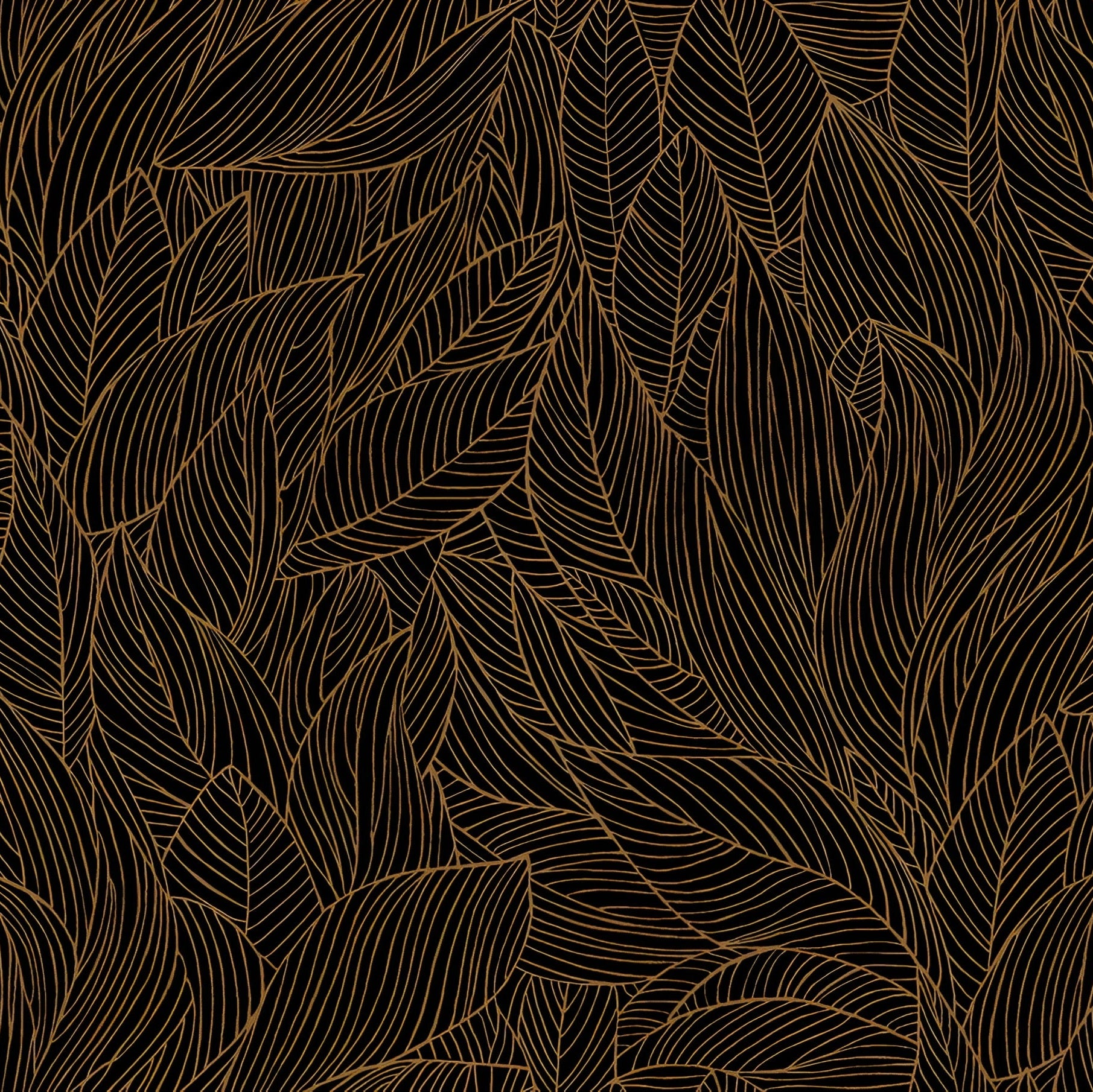Non-woven wallpaper with a plant motif HOSTA - NOIR/DORÉ black with gold