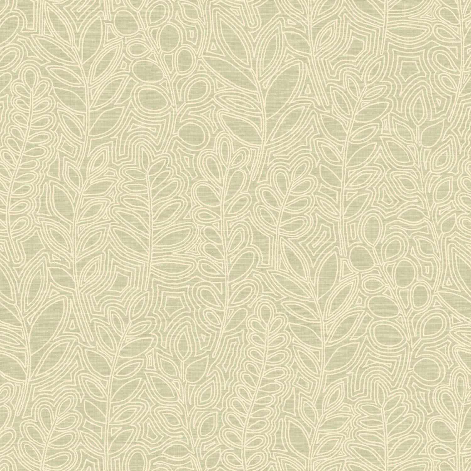 Wallpaper with a plant motif of leaves resembling embroidery ASTRAGALE - AMANDE DOUCE almond green