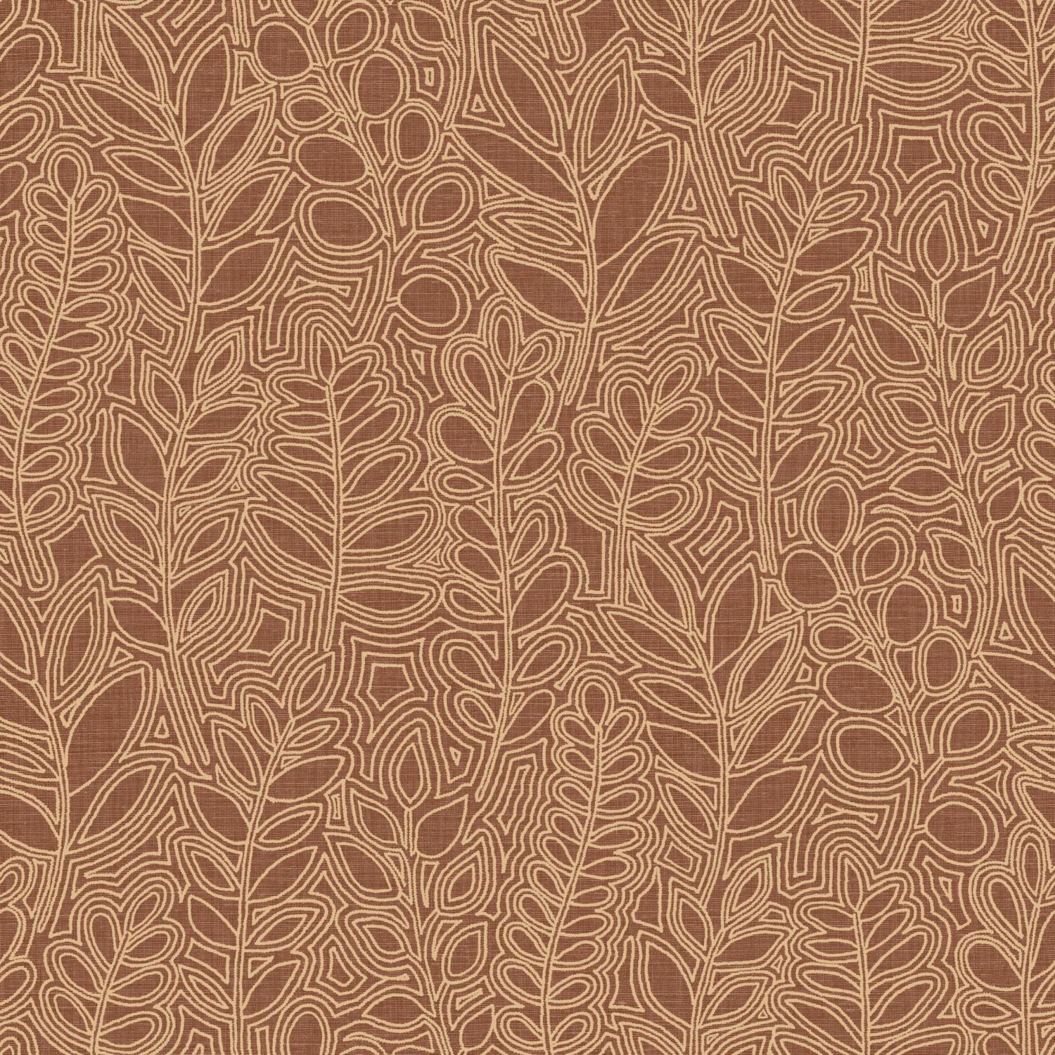 Plant-themed wallpaper with leaf design resembling embroidery ASTRAGALE - TERRACOTTA terracotta