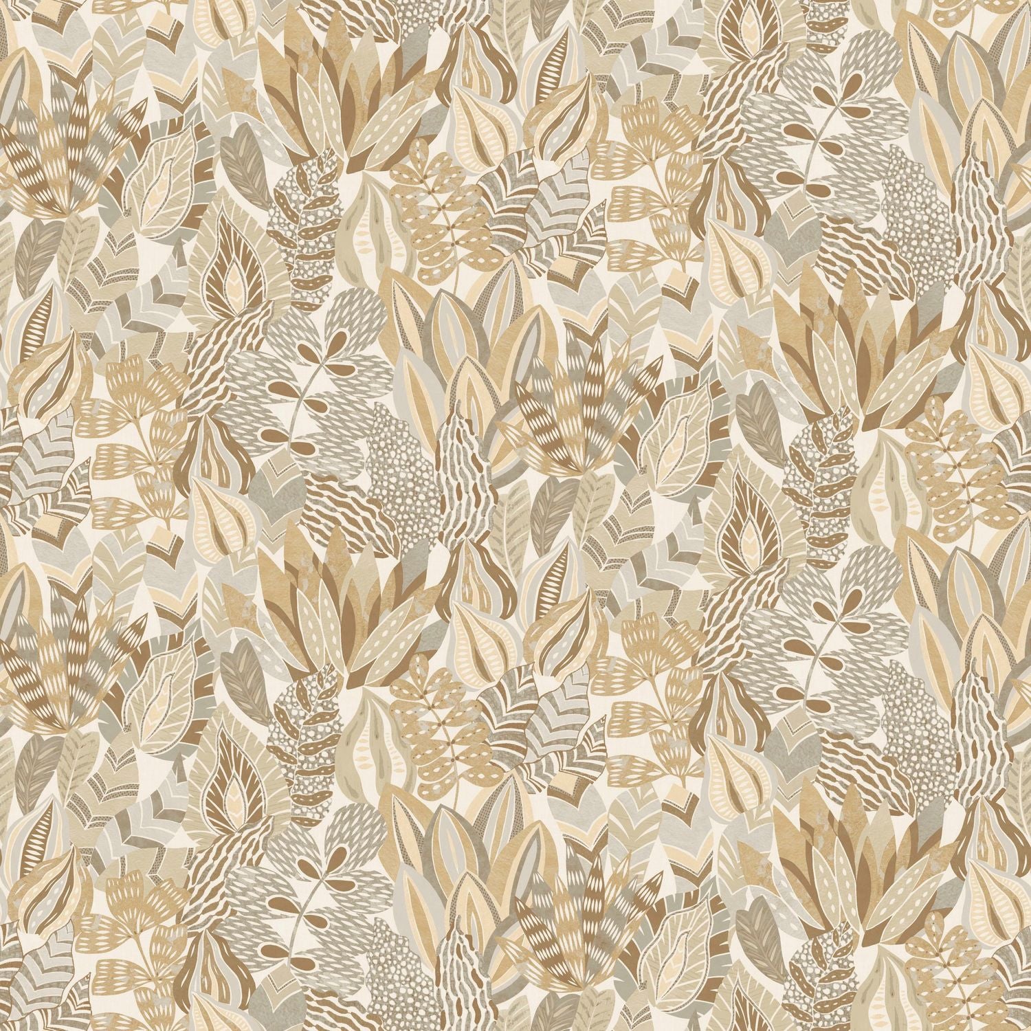 Plant-themed wallpaper with ALFABIA leaves - SABLE/GRÈS brown with beige