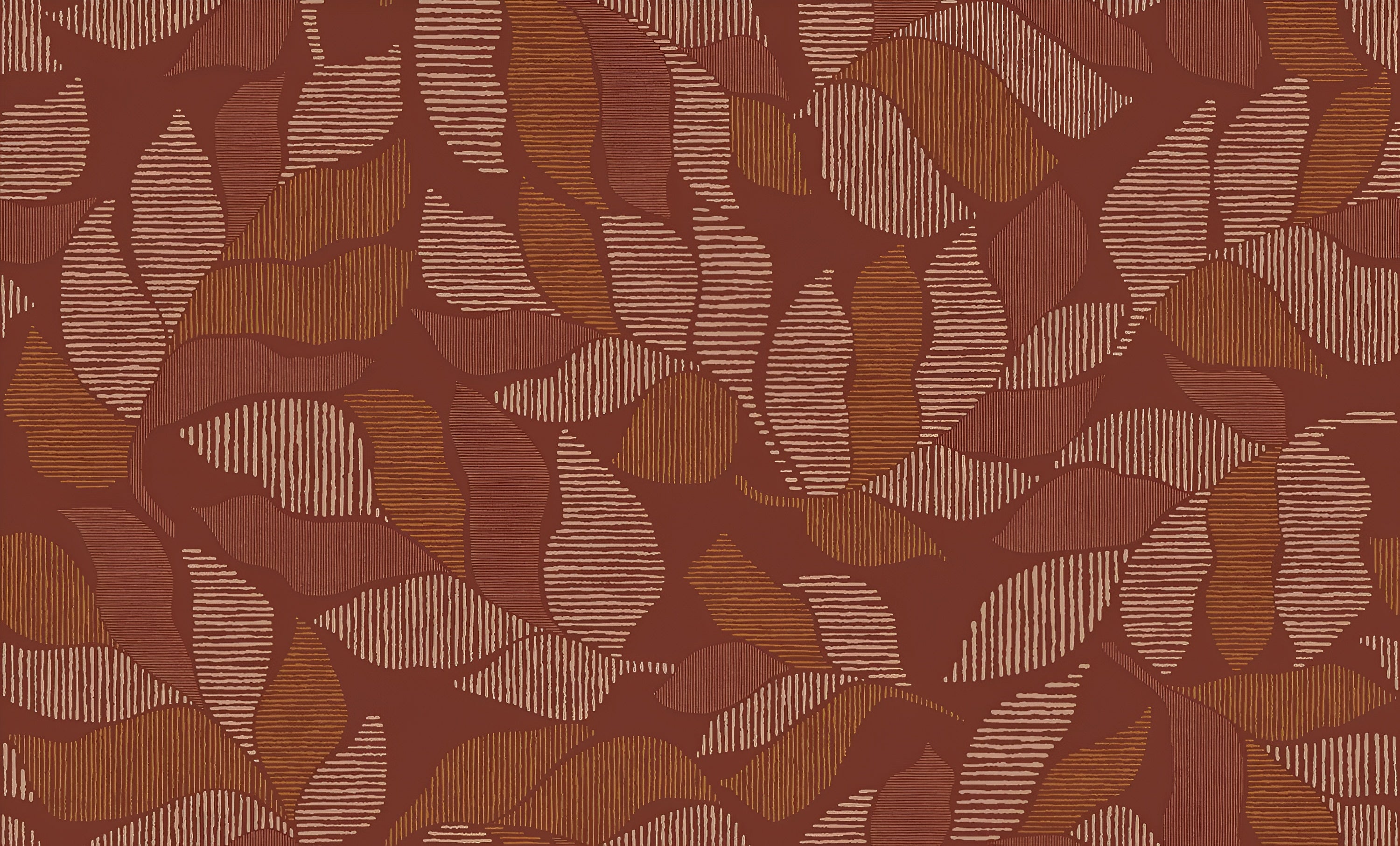 Palm leaf patterned wallpaper with metallic effect LONTARA - TERRACOTTA/CUIVRÉ burgundy with copper