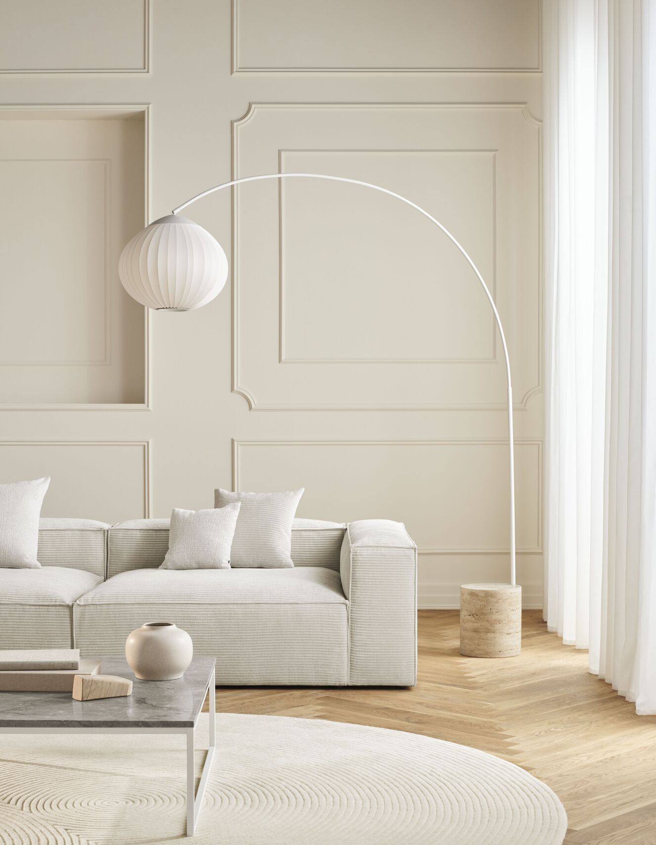 Stehlampe Bogen ACORN beige mit Travertinbasis