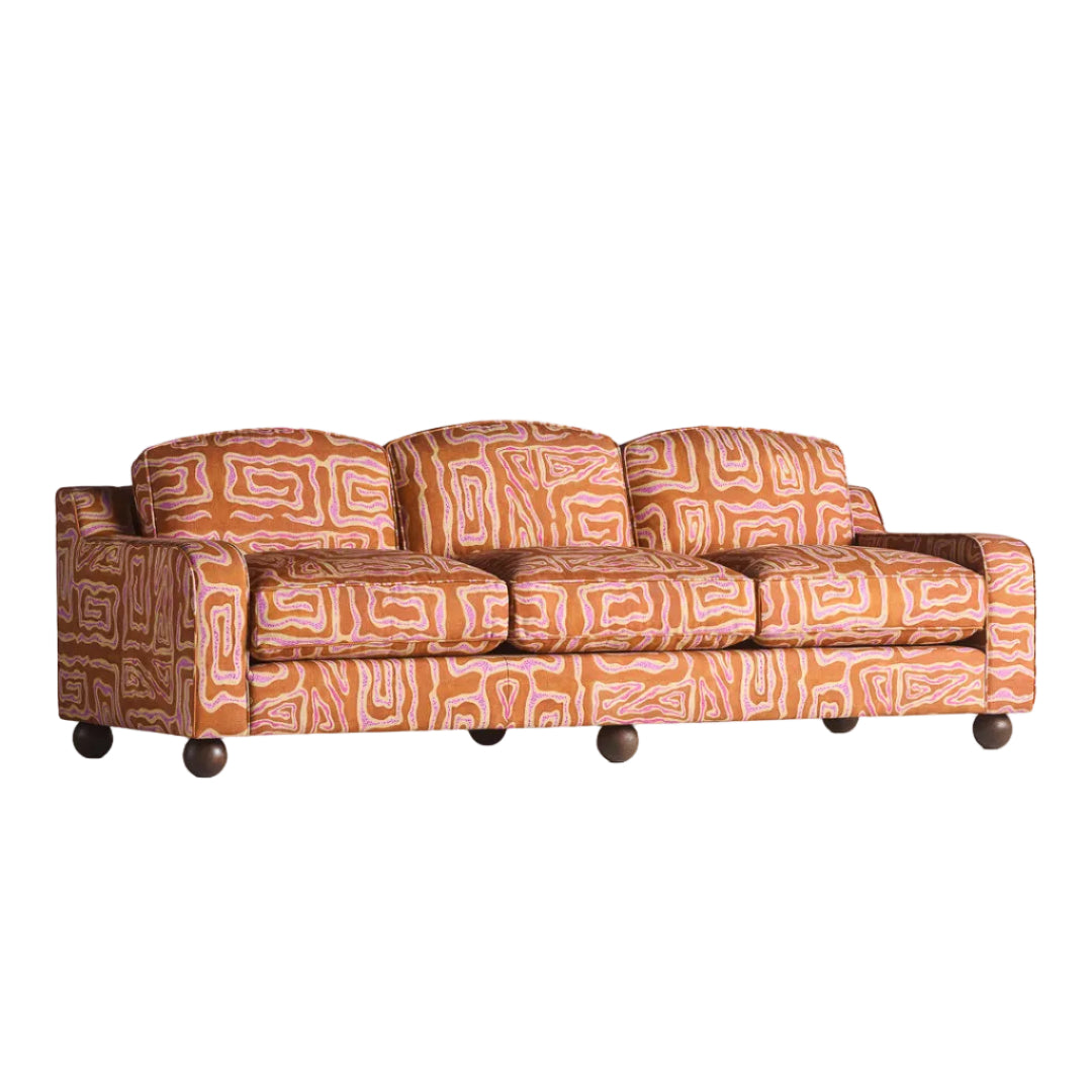 Sofa 3-Sitzer LOLA orange mit beige-rosafarbenem Muster