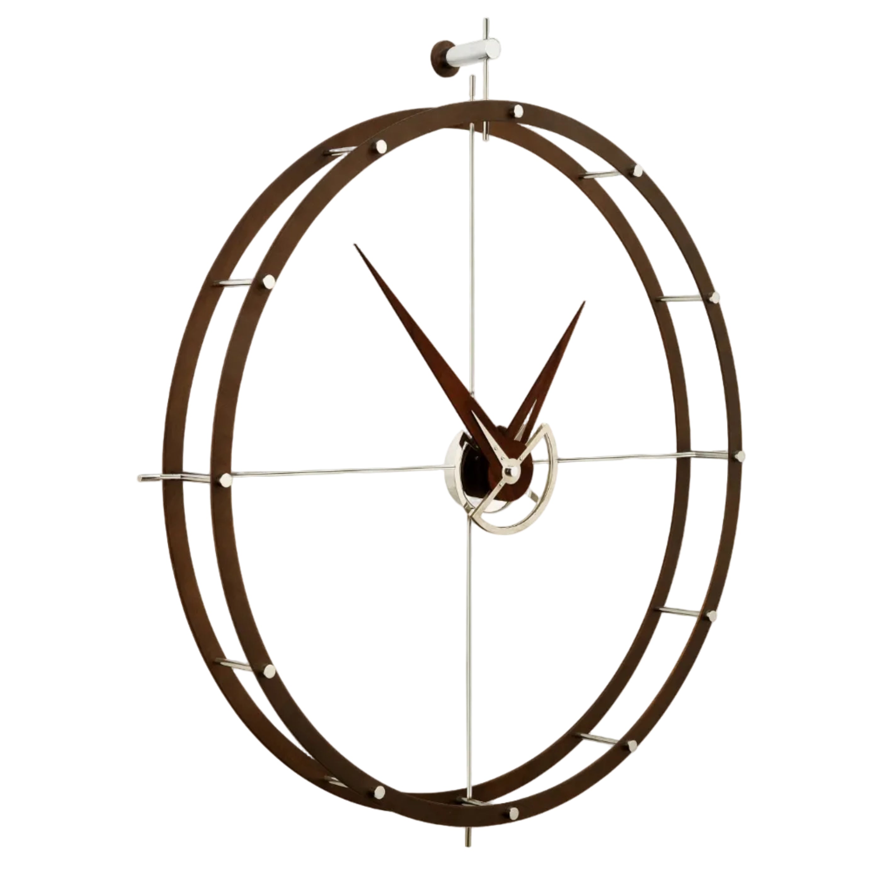 Wanduhr DOUBLE O aus Nussbaumholz mit Calabo-Oberfläche und Chromakzenten