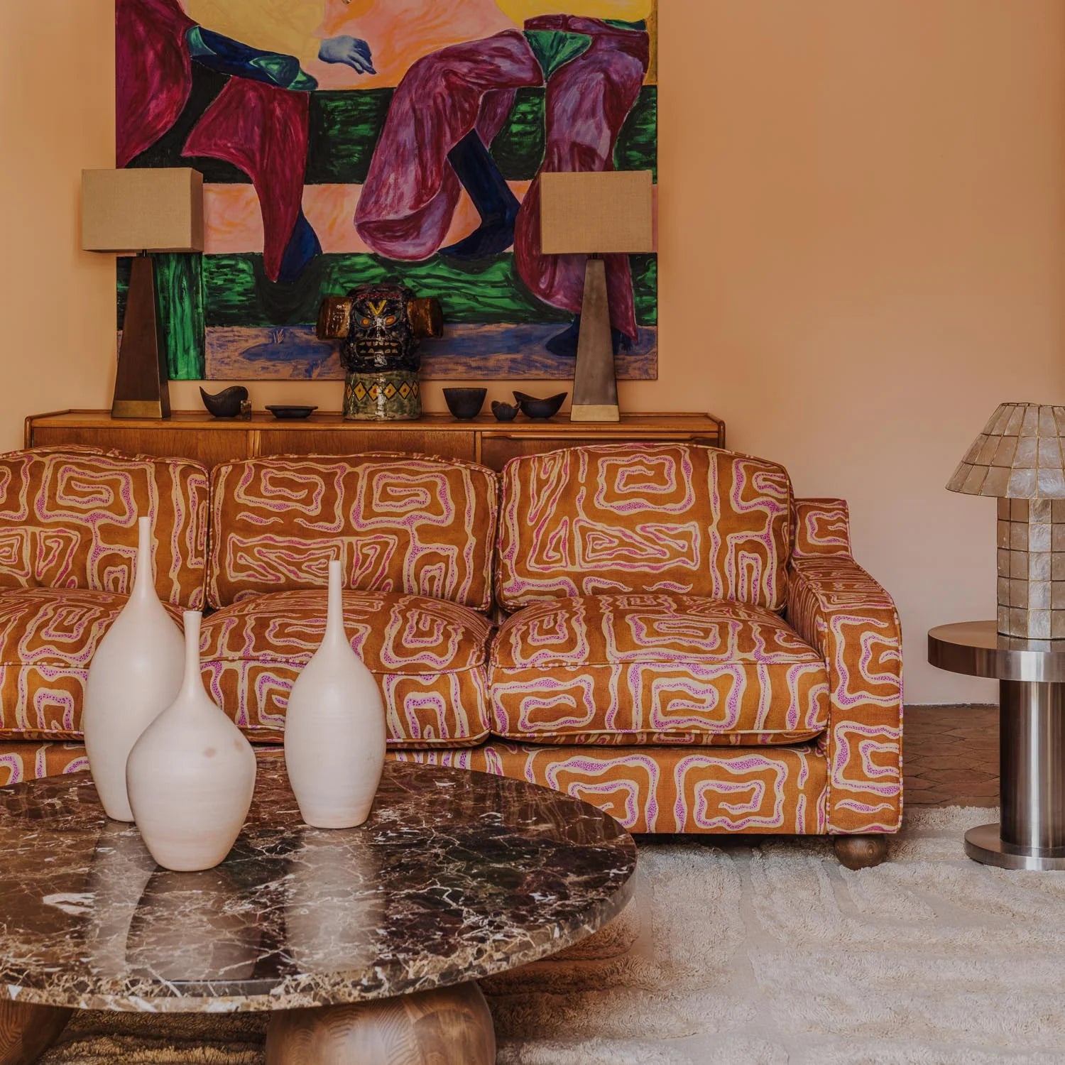 Sofa 3-Sitzer LOLA orange mit beige-rosafarbenem Muster