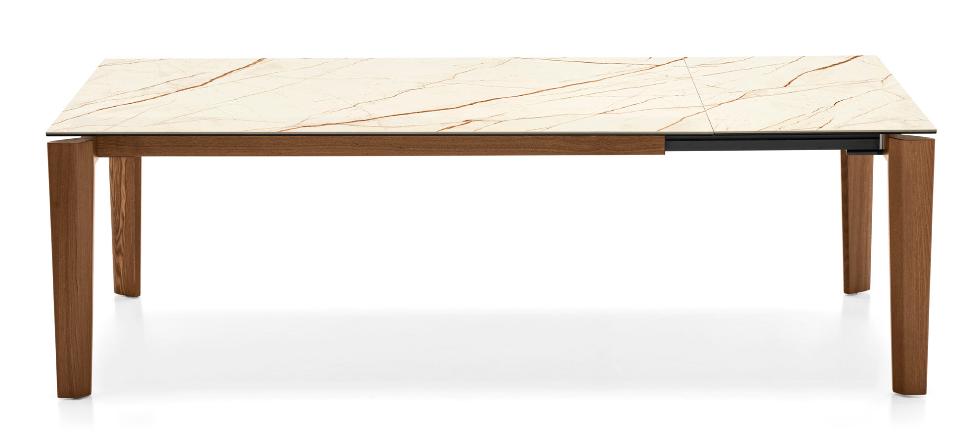 Ausziehbarer Tisch DOGMA mit beigem Tischplatte und Holzgestell aus Nussbaum