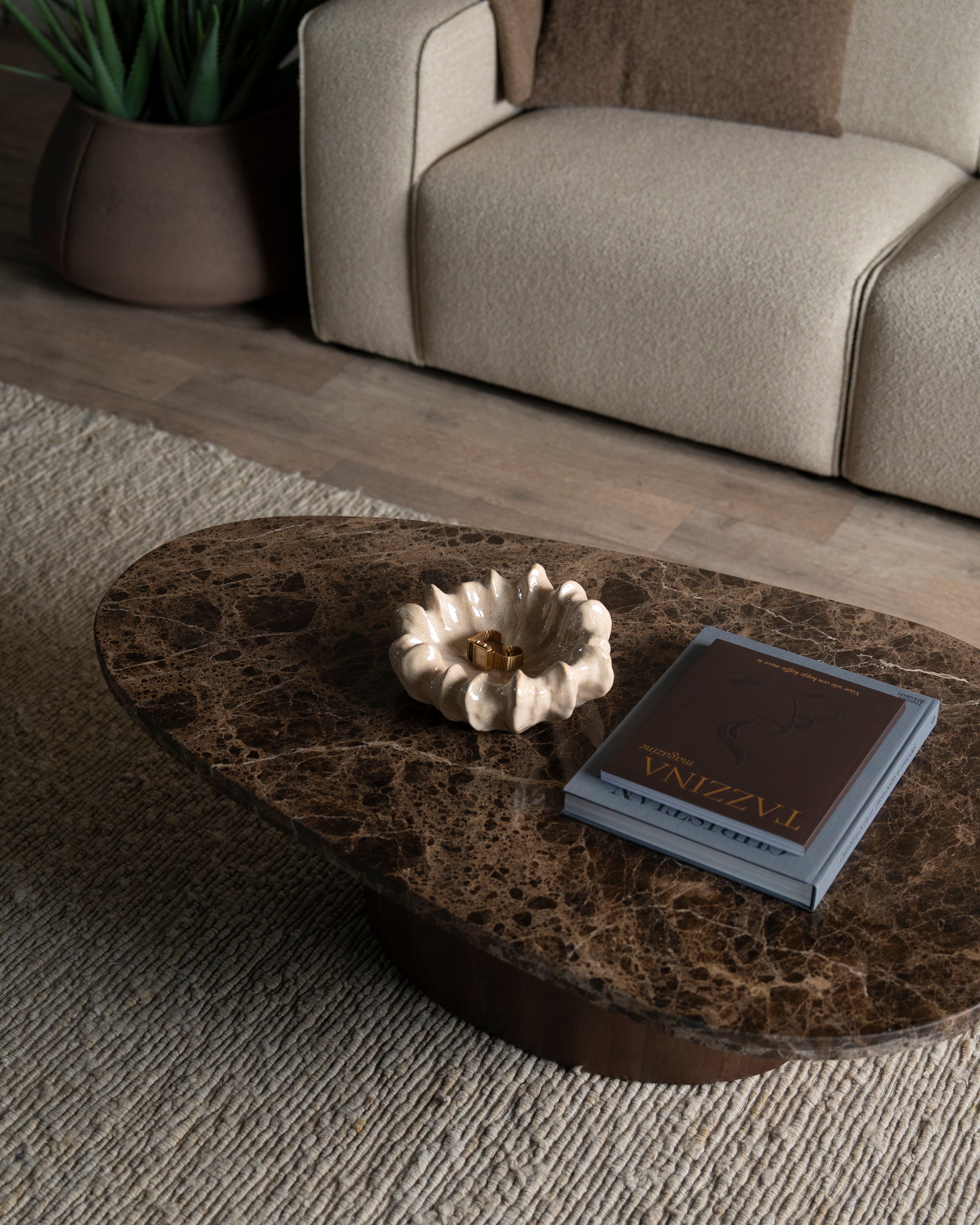 BRADLEY dark brown marble coffee table with a wooden base