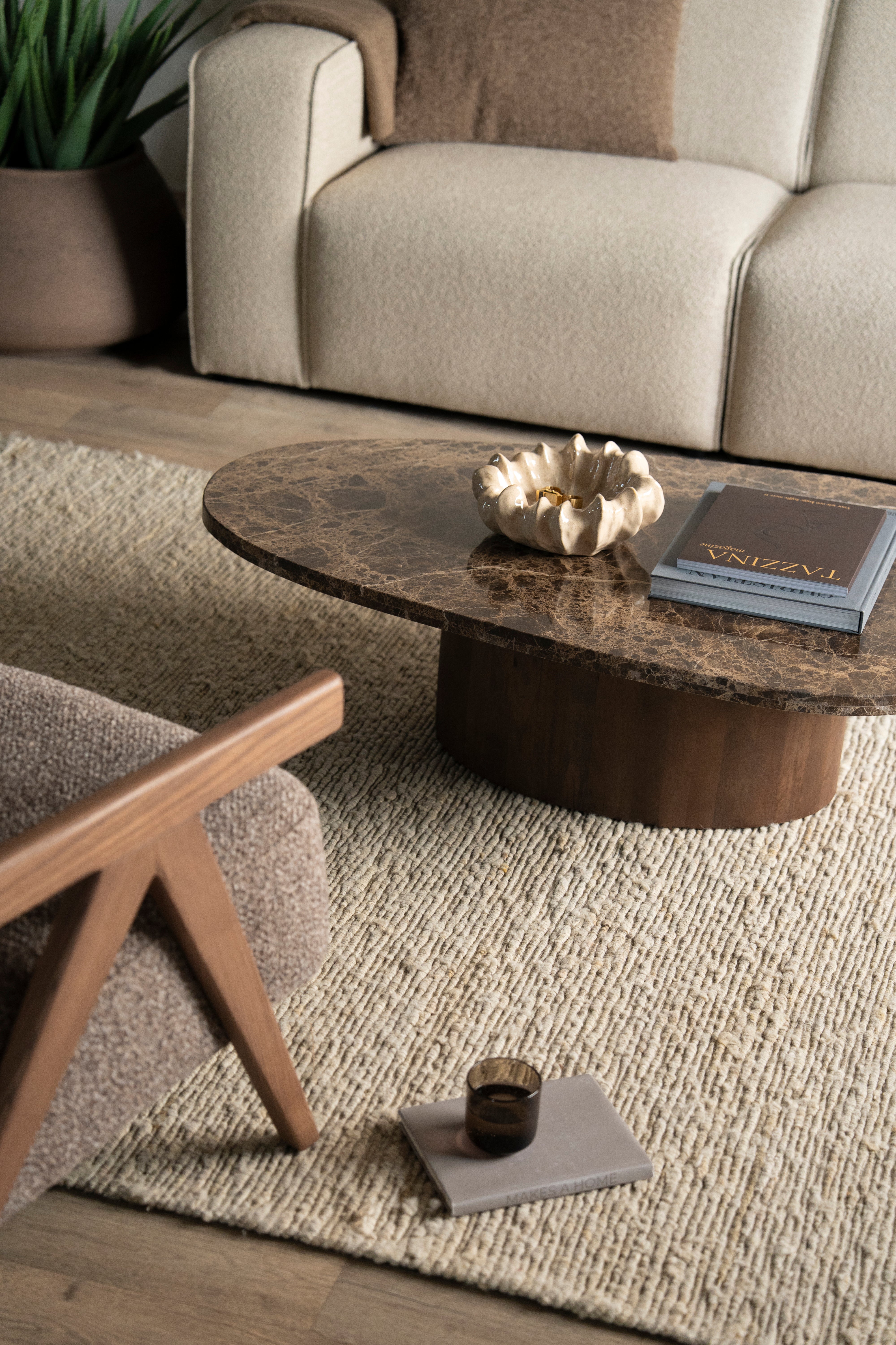 BRADLEY dark brown marble coffee table with a wooden base