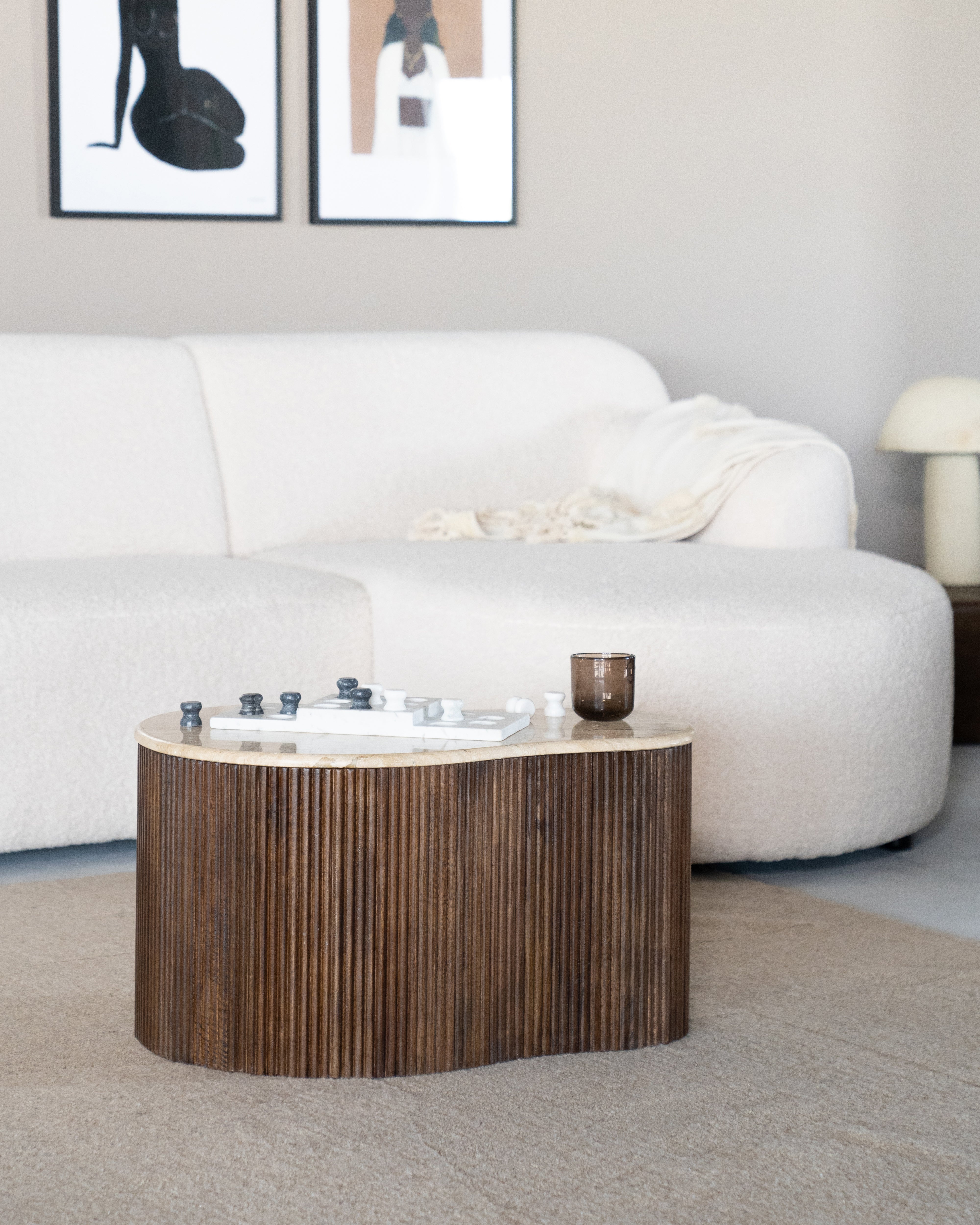 MARI coffee table made of mango wood with a travertine top