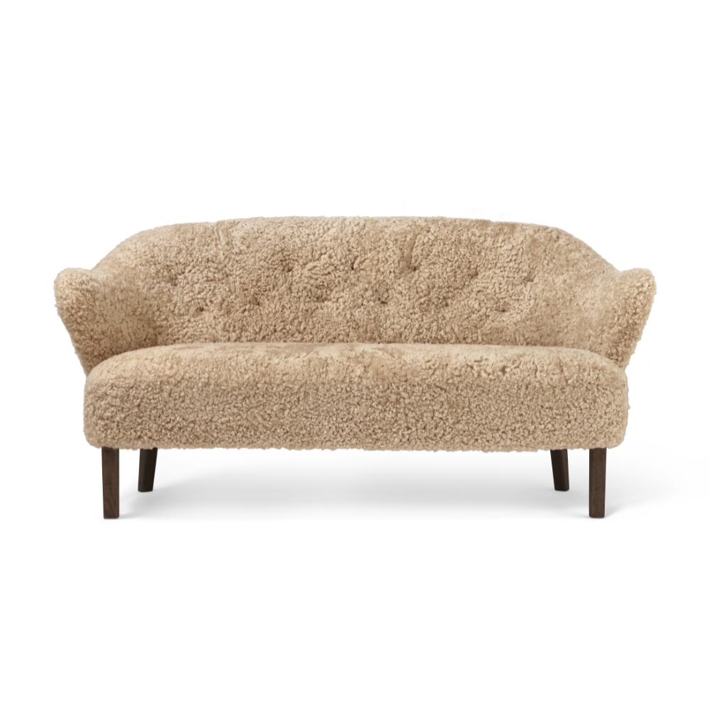 INGEBORG Sofa beige sheep leather with dark oak base