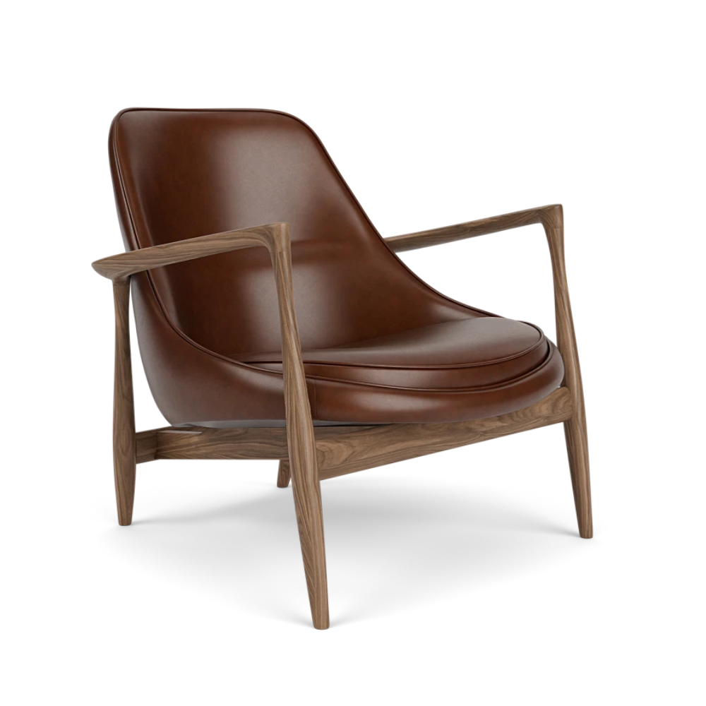 Sessel ELIZABETH braunes Leder mit Nussbaumfuß
