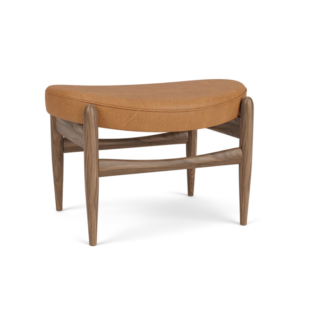 Fußhocker ELIZABETH cognacfarbene Leder mit Nussbaumfuß