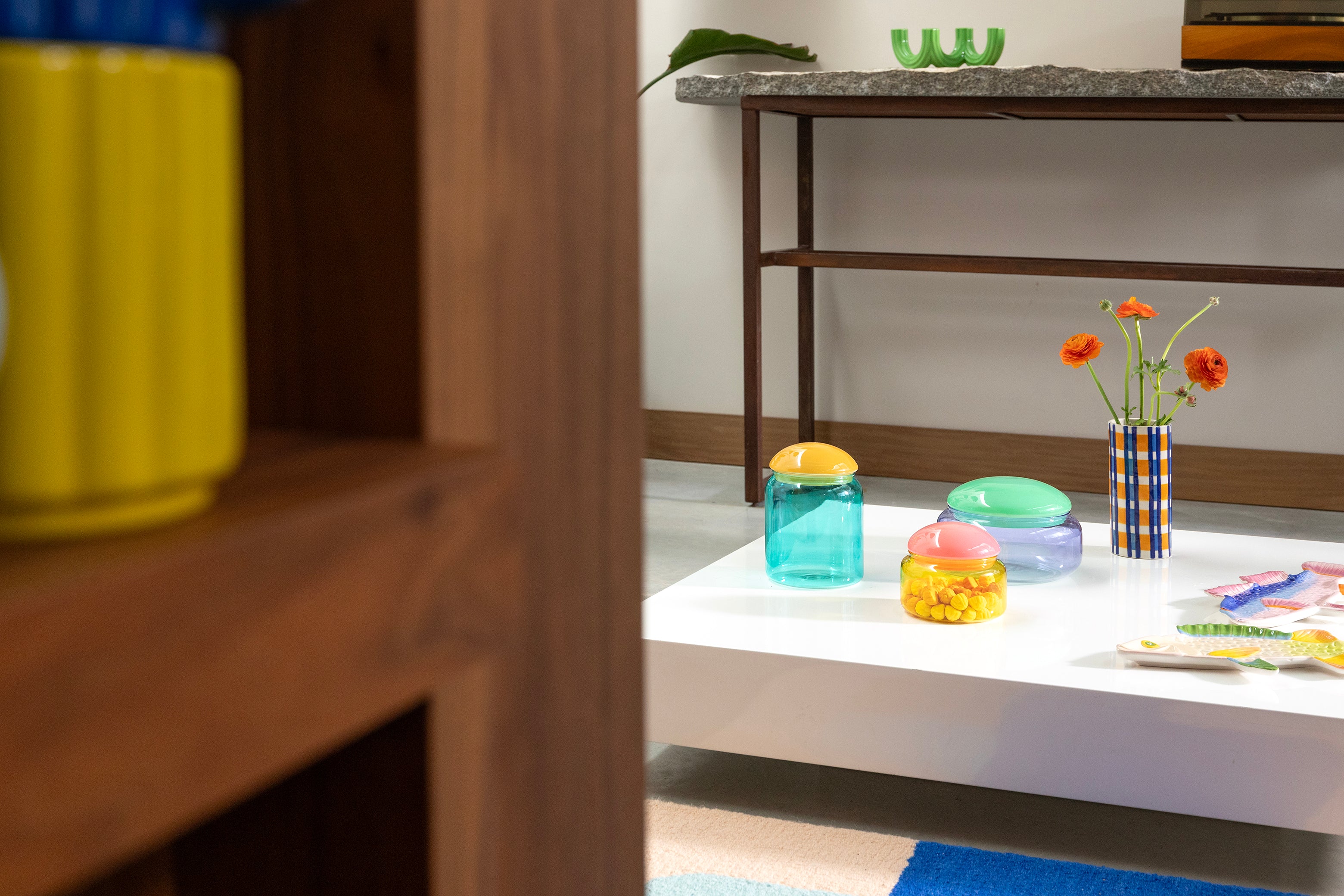 Glass Container PUFFY Yellow with Pink Lid