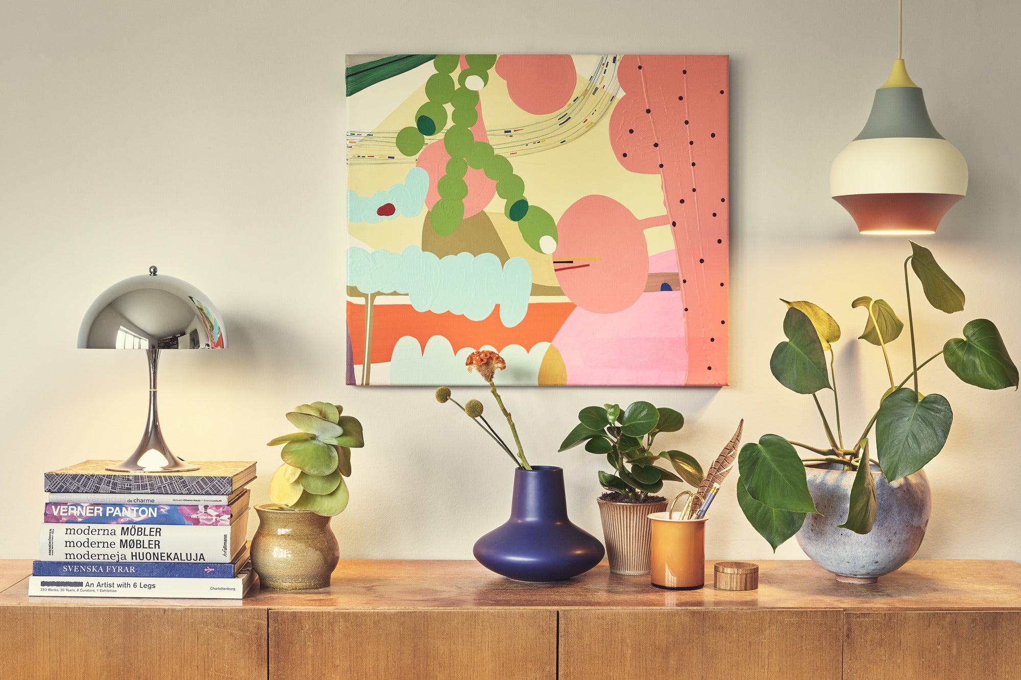 Pendelleuchte CIRQUE kupfer-weiß-blau mit gelbem Ende