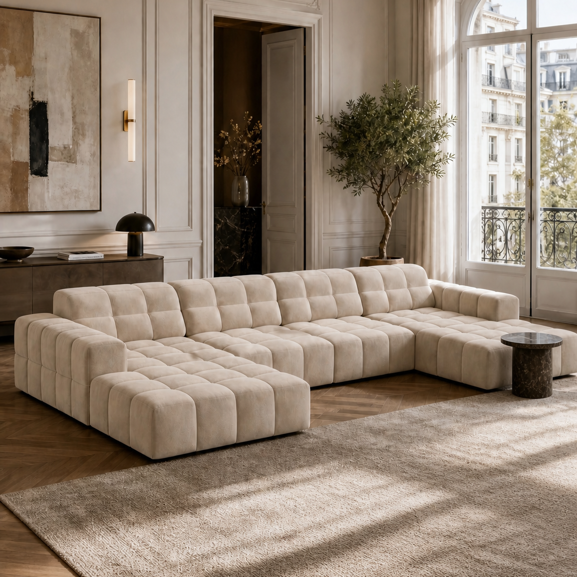 U-förmiges Samtsofa JENNIFER in dunkelbeige