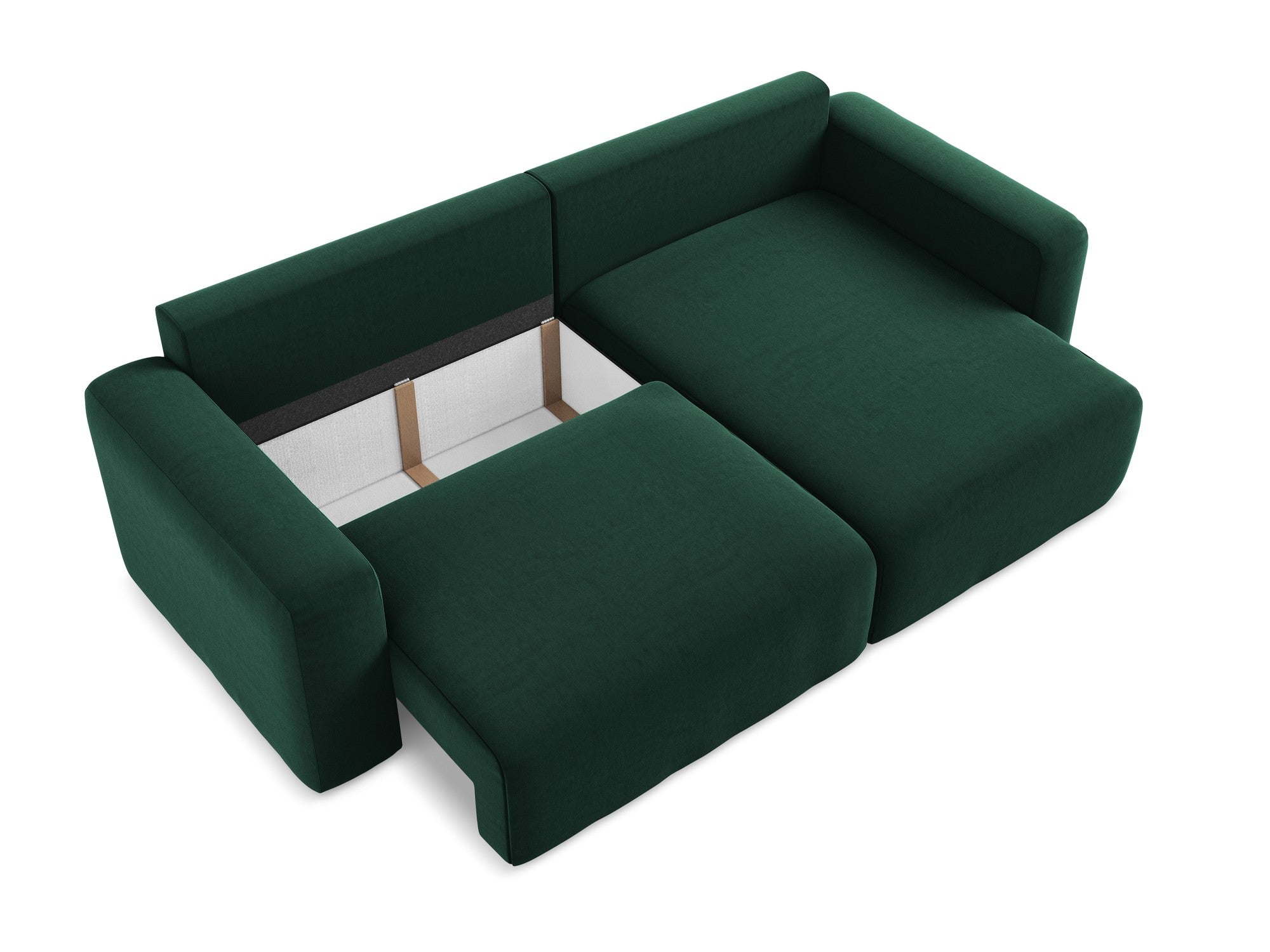 Right-facing velvet corner sofa bed KONA in bottle green
